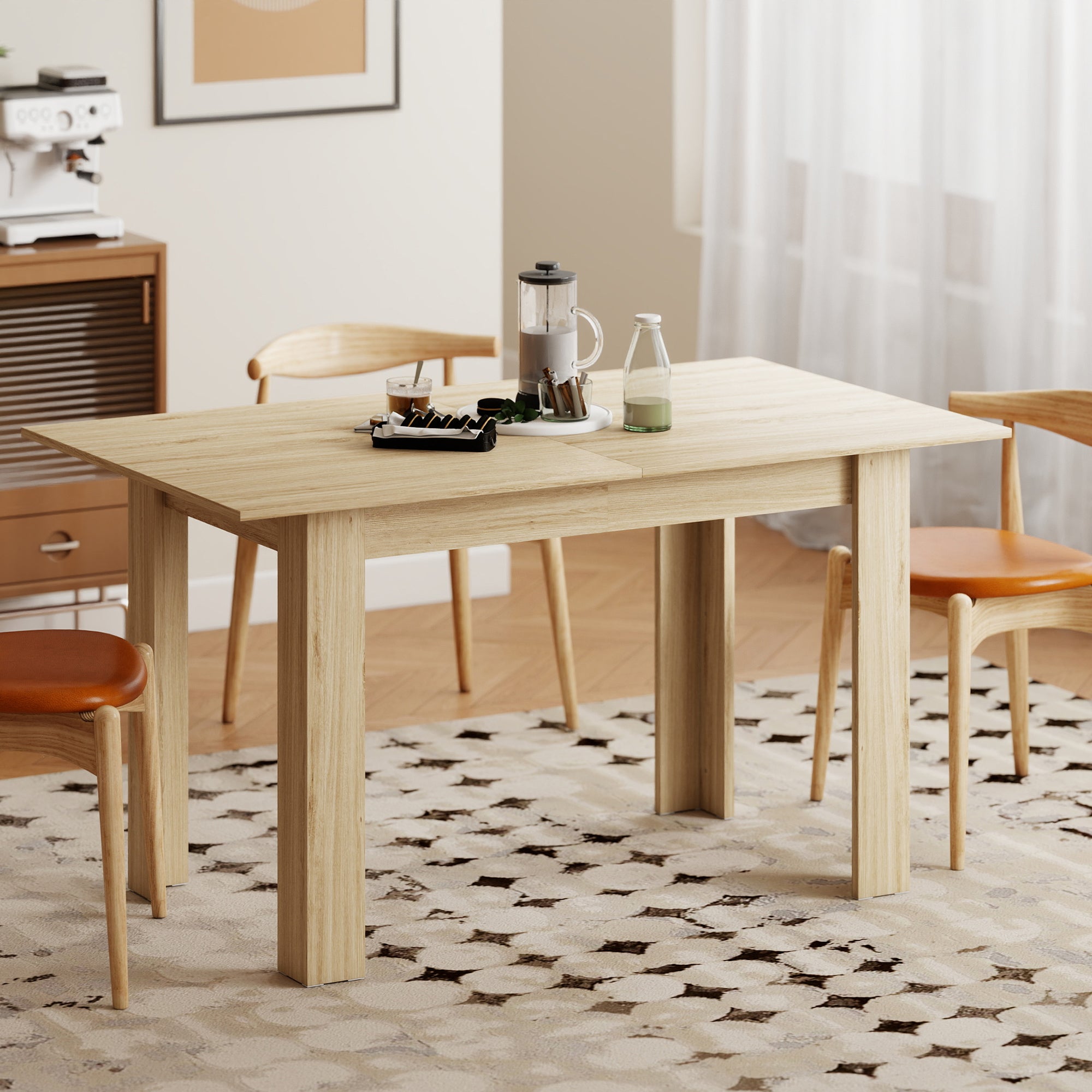 Extendable Dining Table 55.1x31.5 in, Oak Tone, Kitchen, 6-8 Guests-DECOROLALA