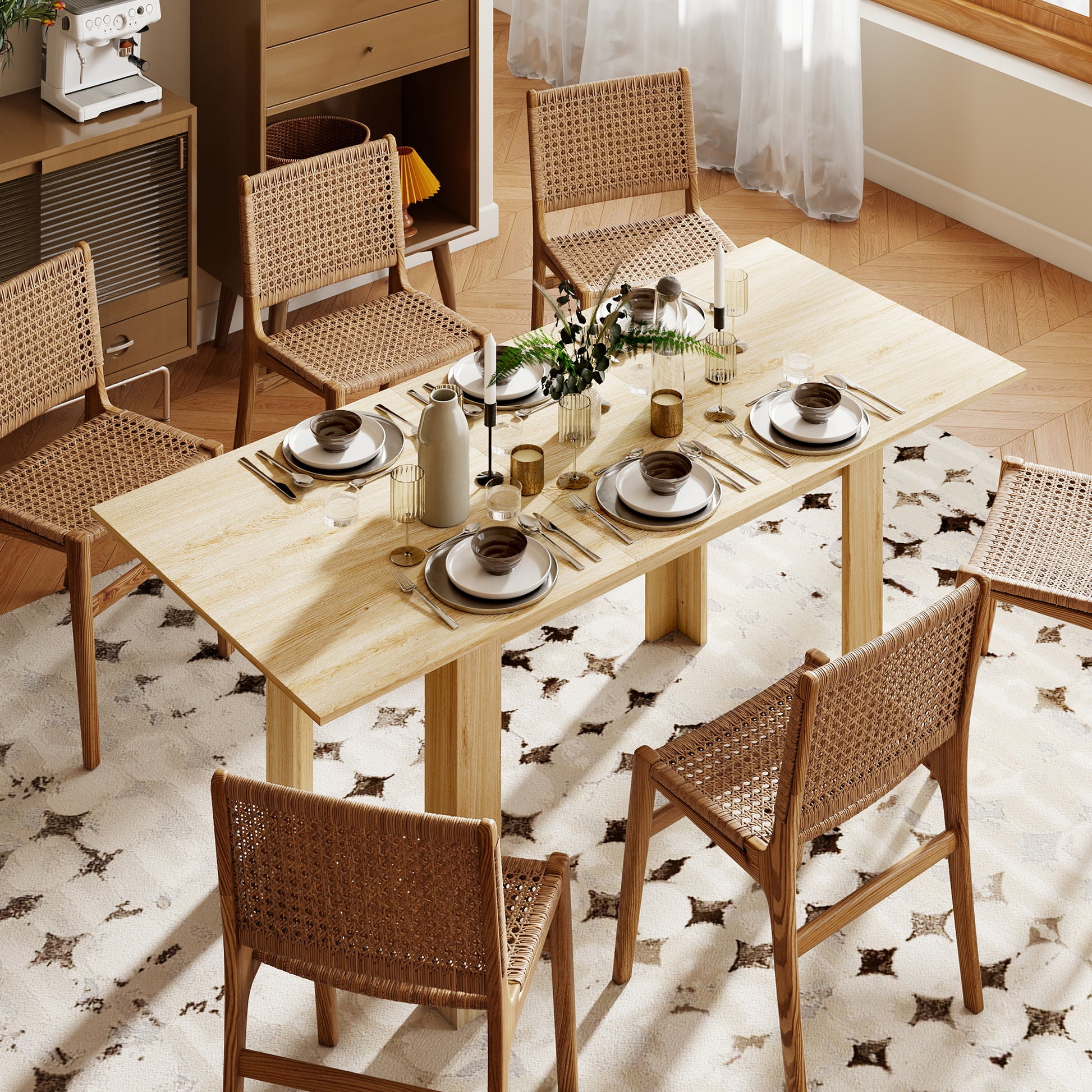 Extendable Dining Table 55.1x31.5 in, Oak Tone, Kitchen, 6-8 Guests-DECOROLALA