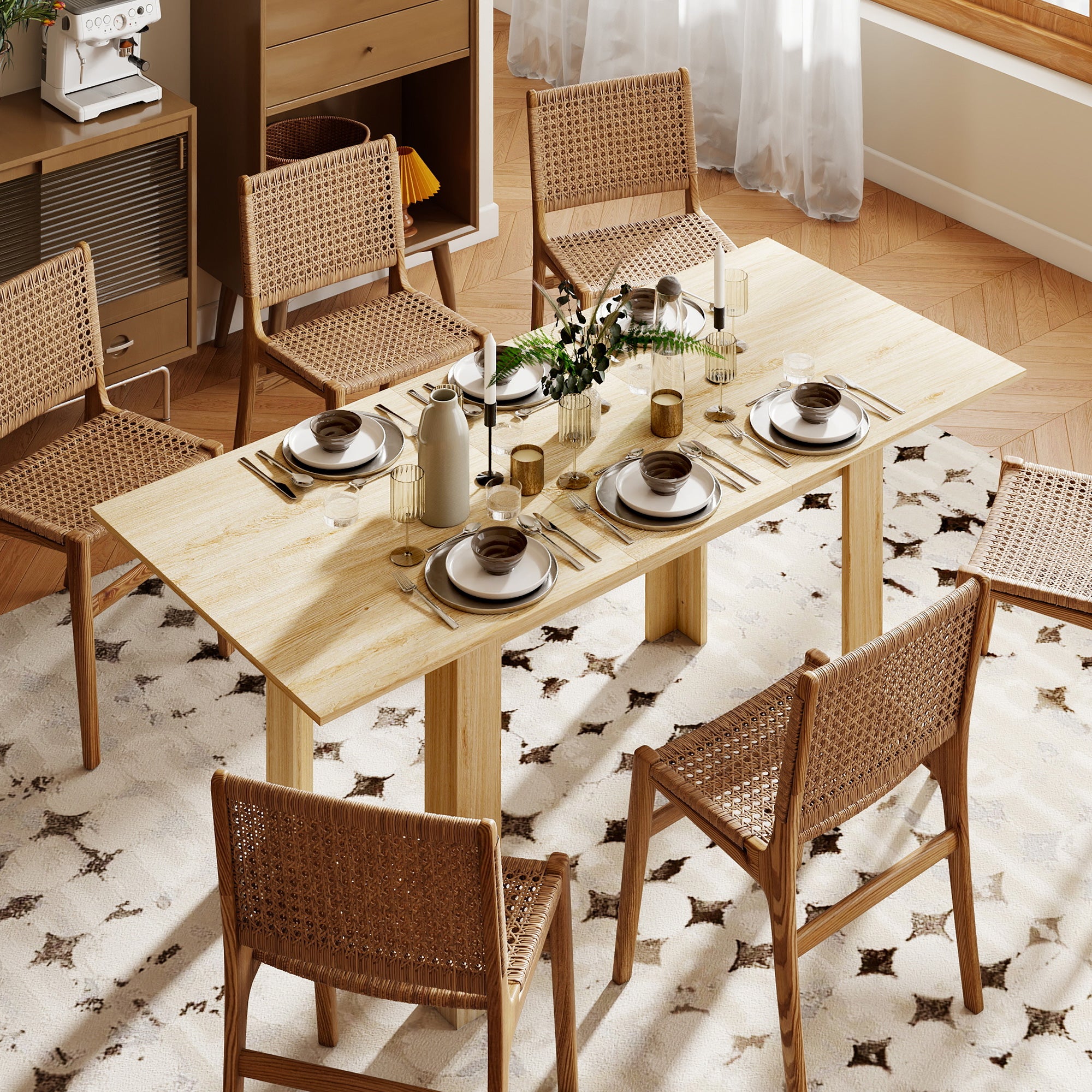 Extendable Dining Table 55.1x31.5 in, Oak Tone, Kitchen, 6-8 Guests-DECOROLALA
