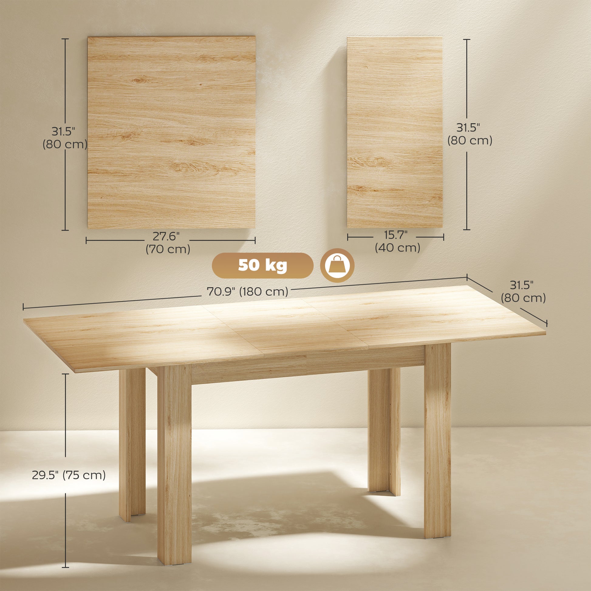 Extendable Dining Table 55.1x31.5 in, Oak Tone, Kitchen, 6-8 Guests-DECOROLALA
