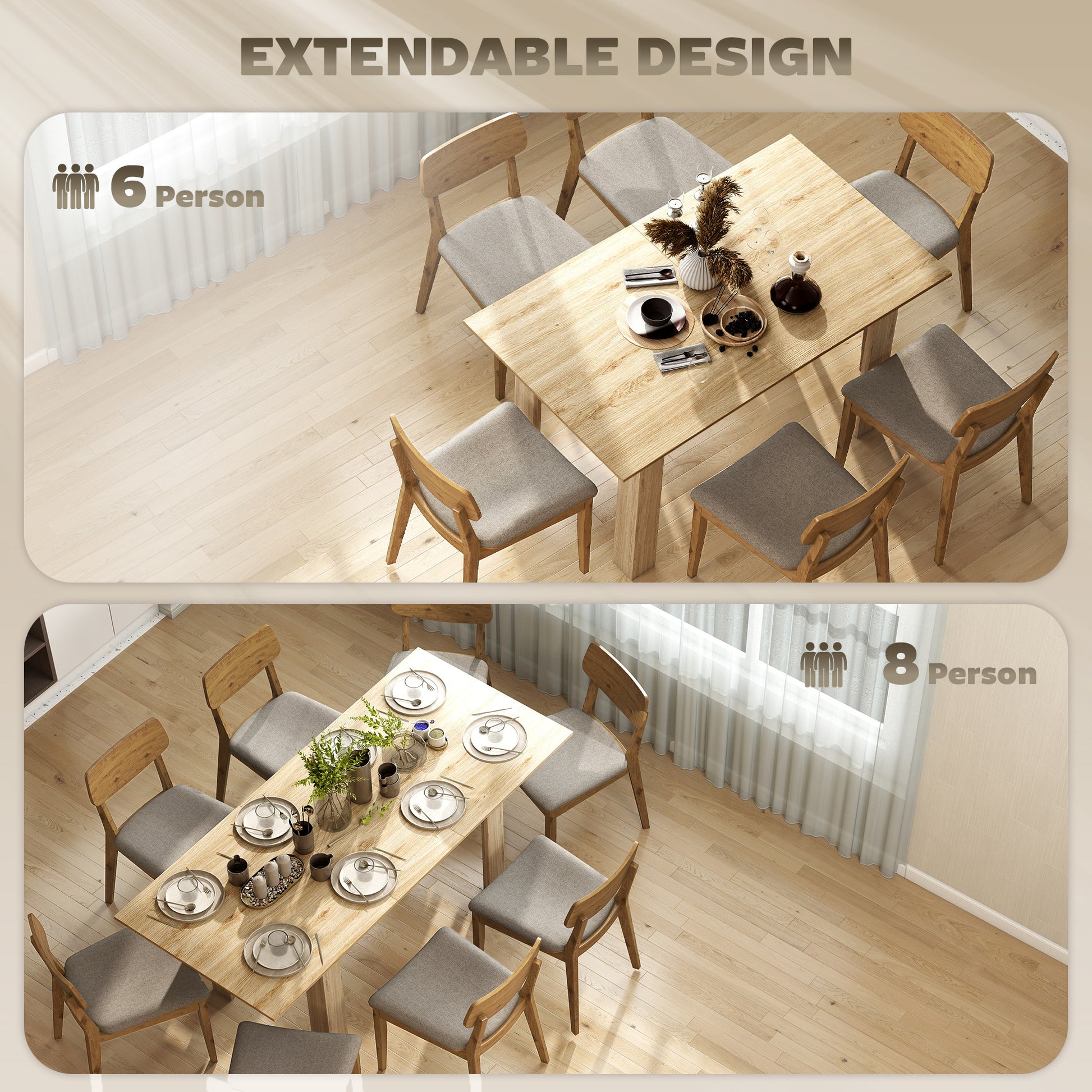 Extendable Dining Table 55.1x31.5 in, Oak Tone, Kitchen, 6-8 Guests-DECOROLALA