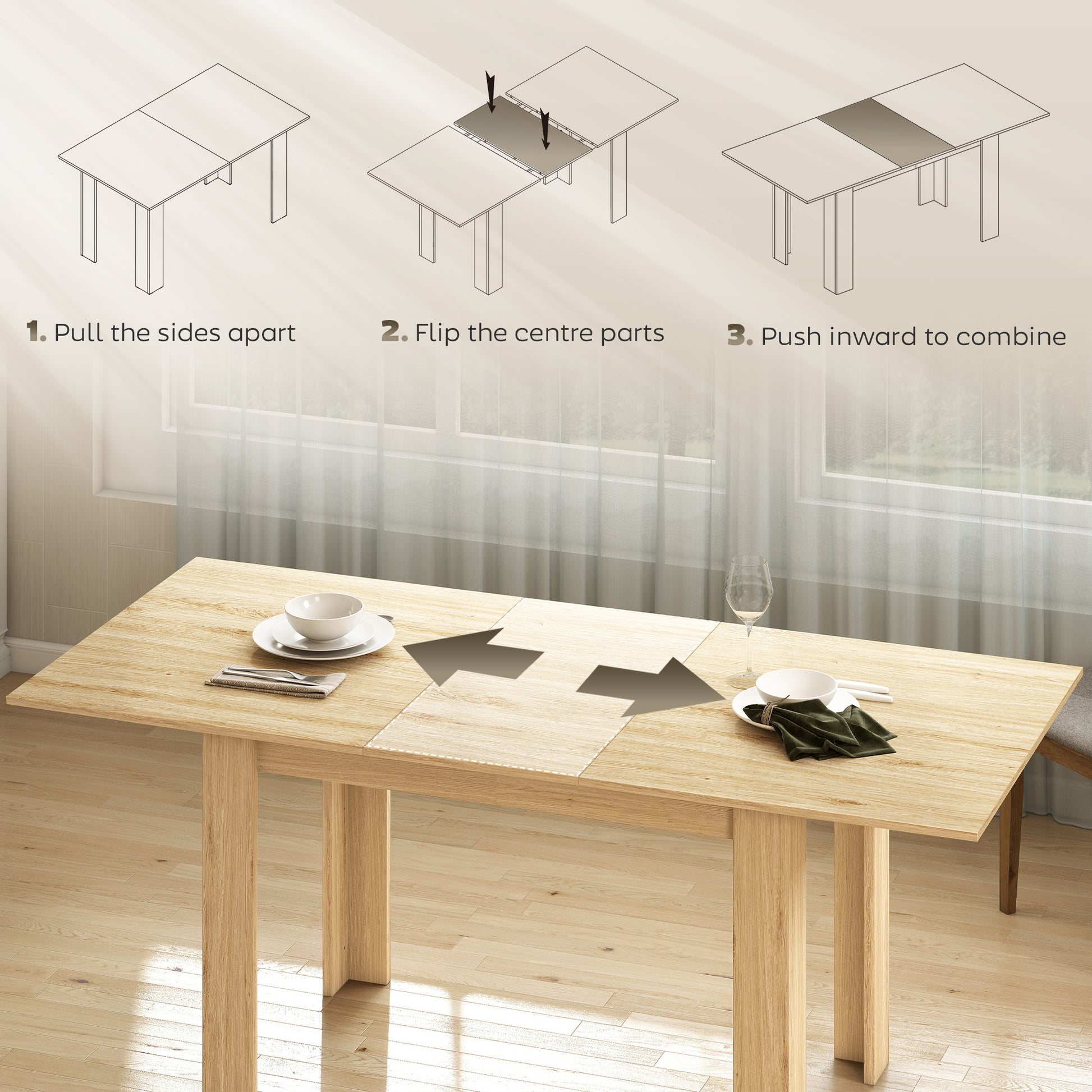 Extendable Dining Table 55.1x31.5 in, Oak Tone, Kitchen, 6-8 Guests-DECOROLALA