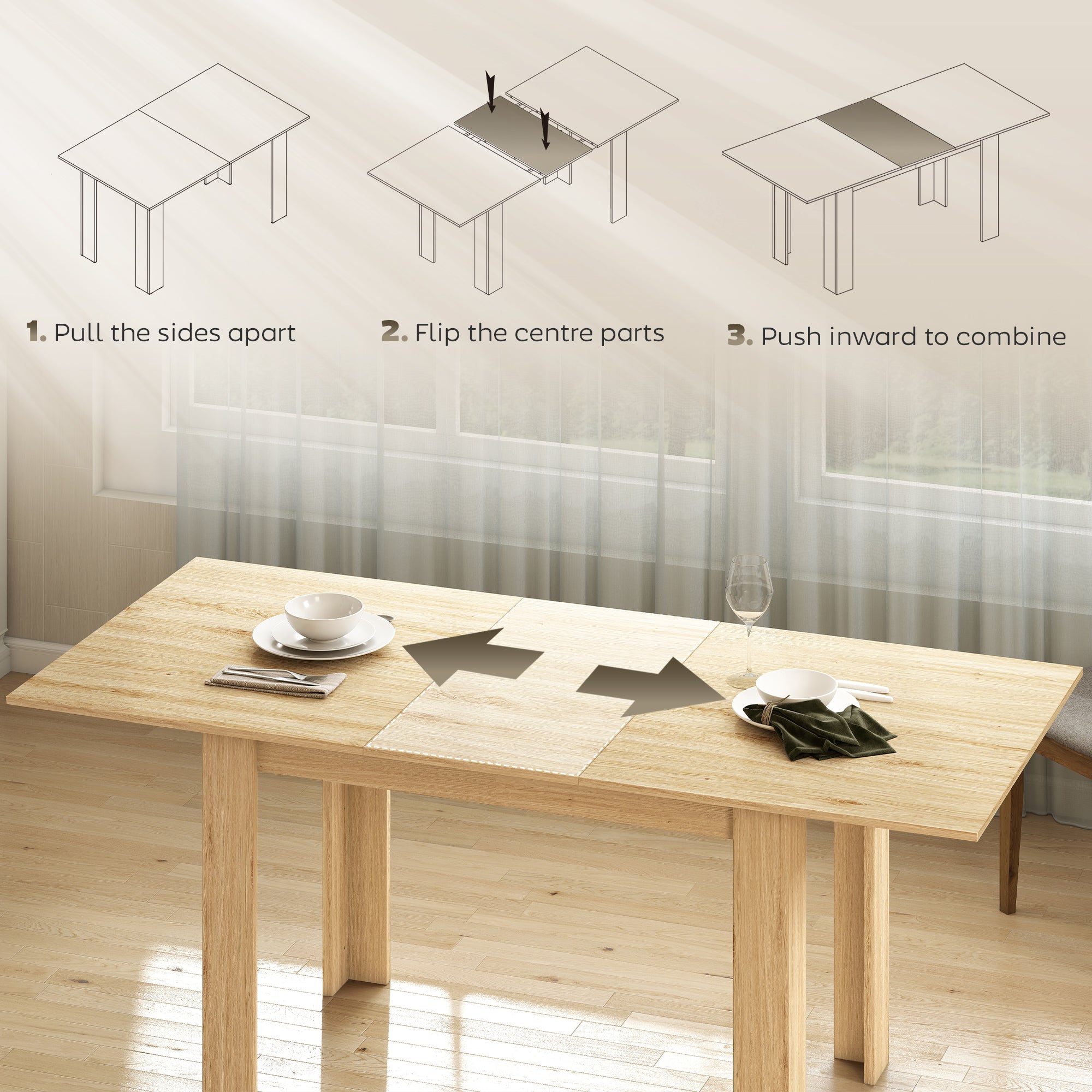 Extendable Dining Table 55.1x31.5 in, Oak Tone, Kitchen, 6-8 Guests-DECOROLALA