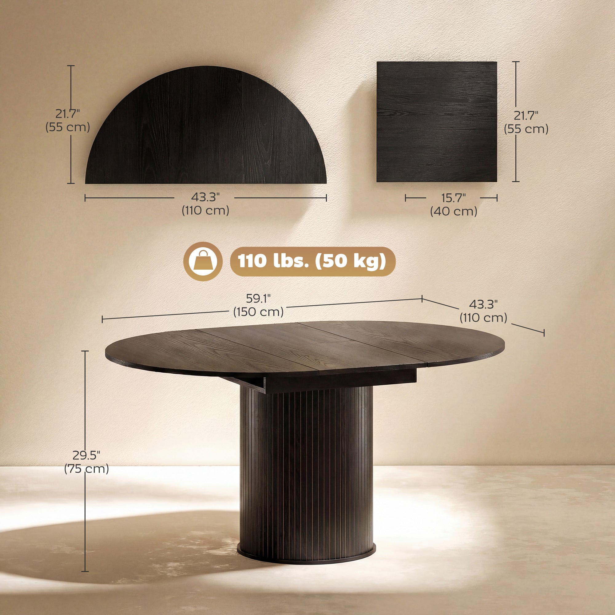 Extendable Dining Table - Black Wood Grain Pedestal Base-DECOROLALA