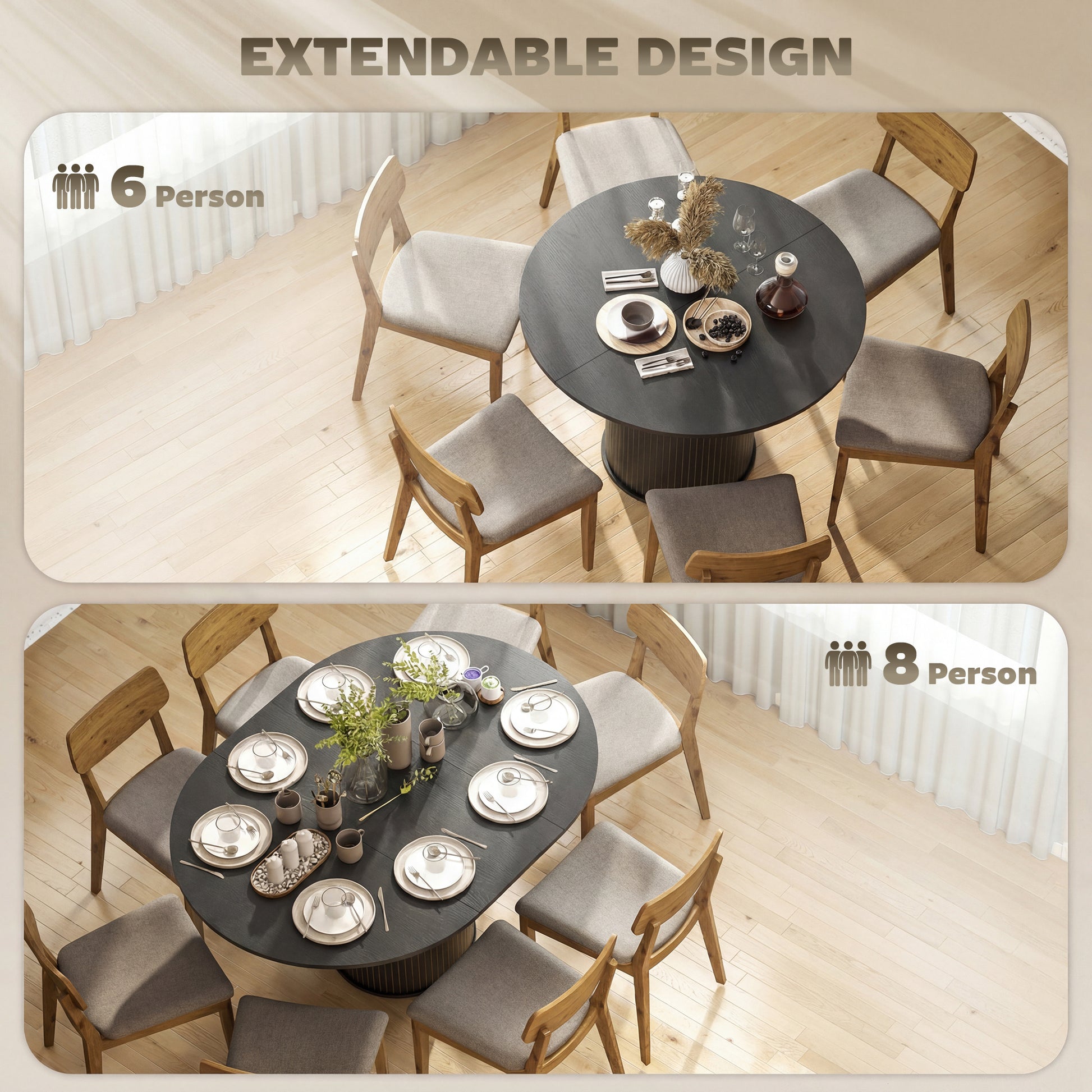 Extendable Dining Table - Black Wood Grain Pedestal Base-DECOROLALA