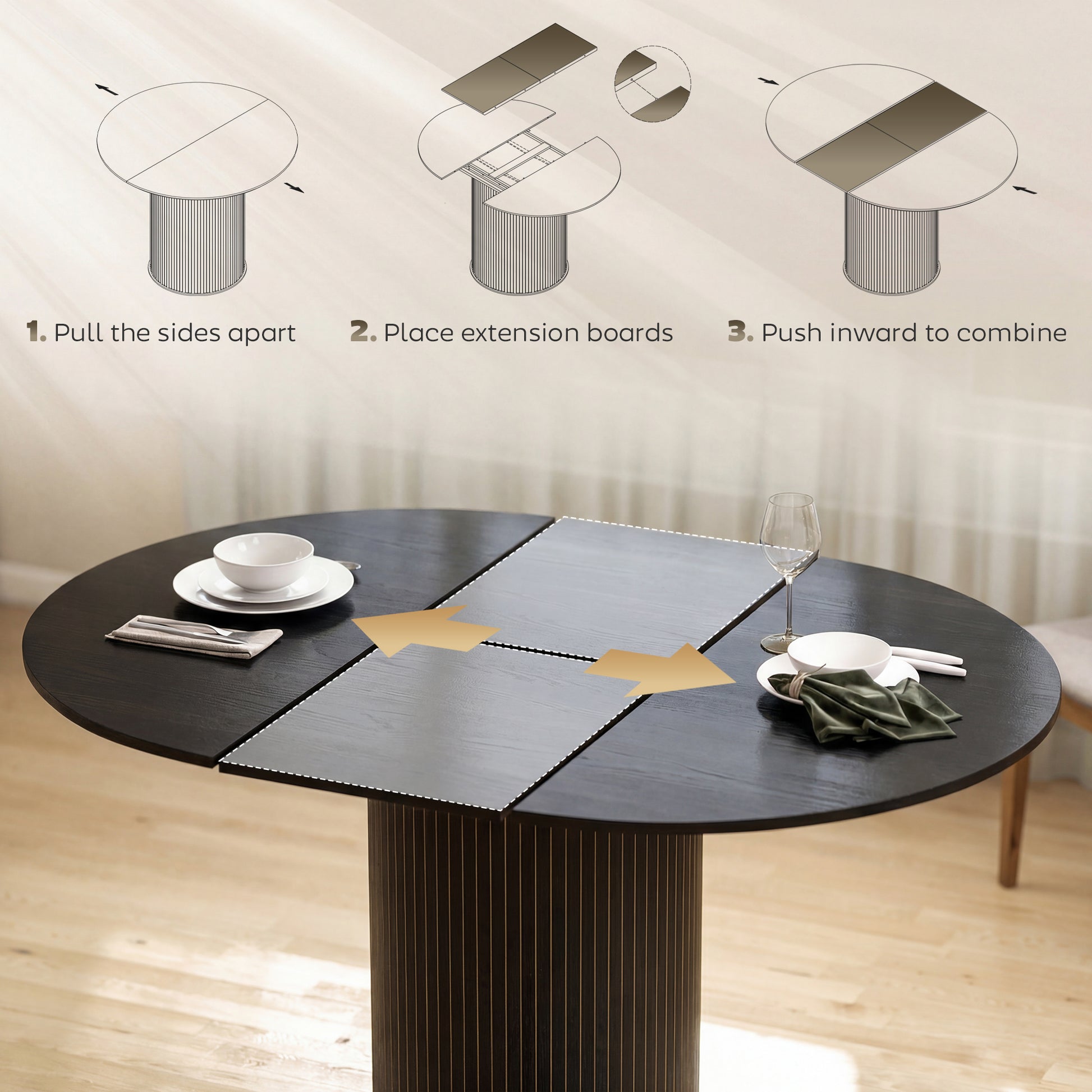 Extendable Dining Table - Black Wood Grain Pedestal Base-DECOROLALA