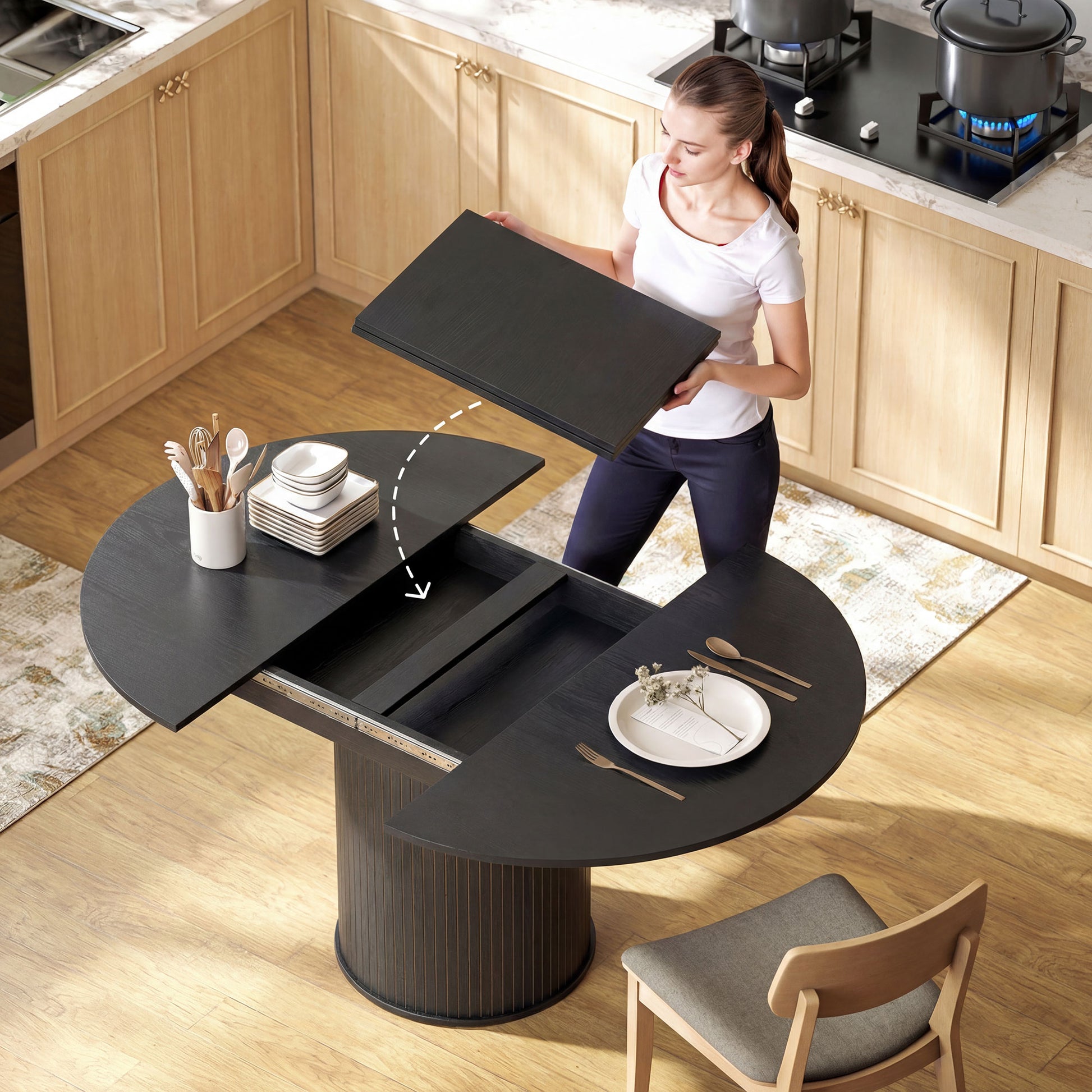 Extendable Dining Table - Black Wood Grain Pedestal Base-DECOROLALA