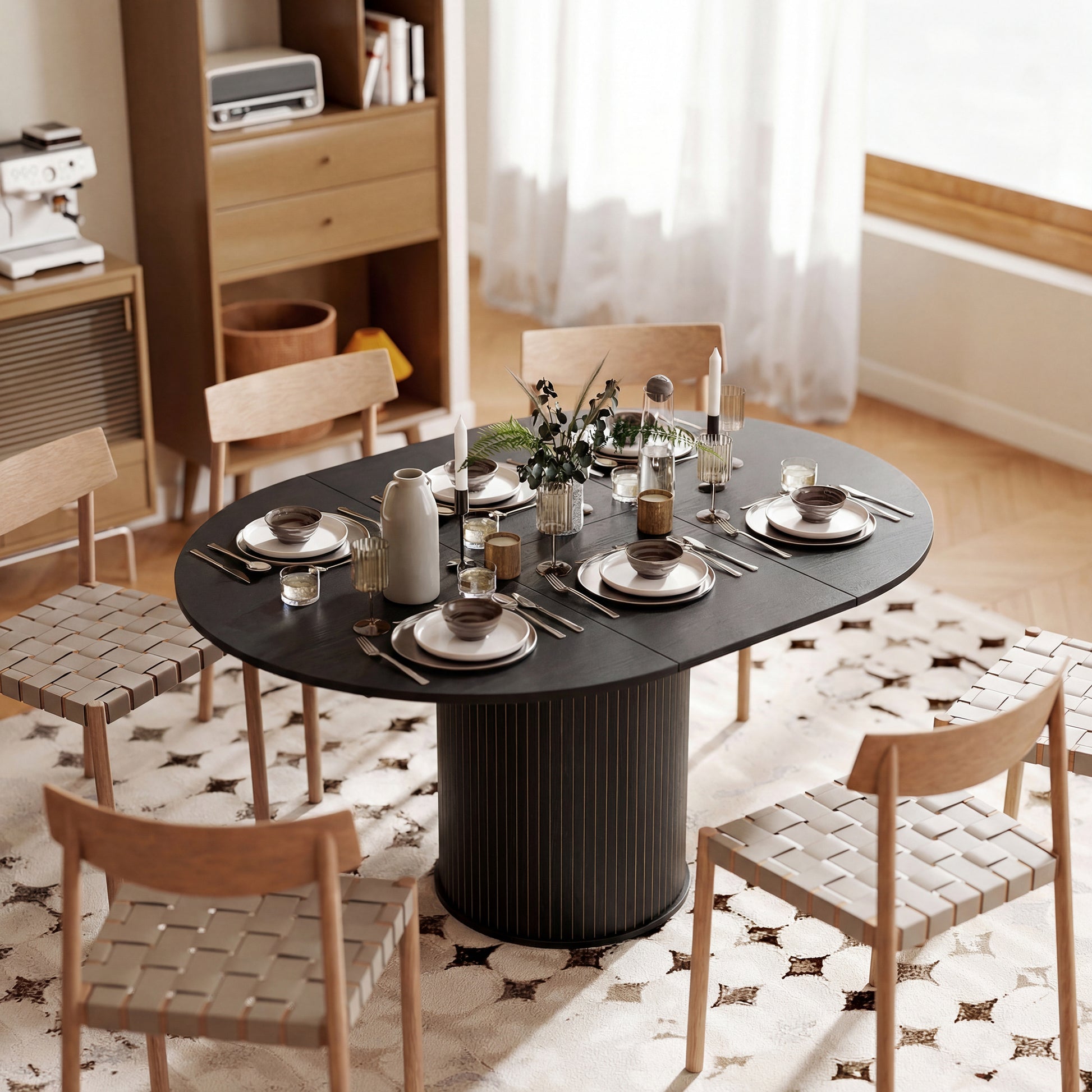 Extendable Dining Table - Black Wood Grain Pedestal Base-DECOROLALA
