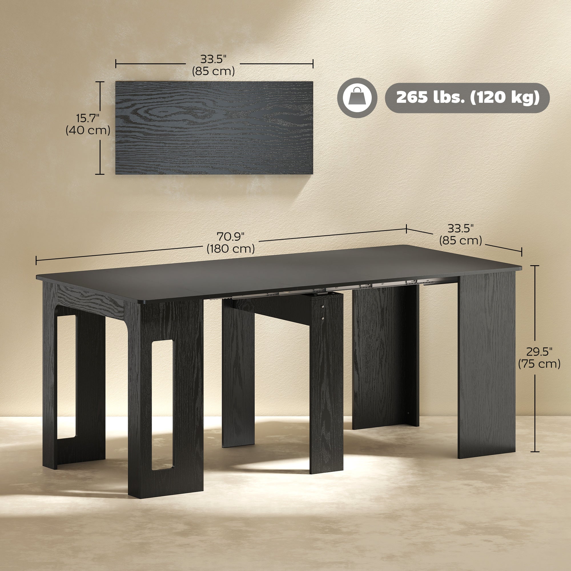 Extendable Dining Table - Distressed Black, Seats 6, Small Space-DECOROLALA