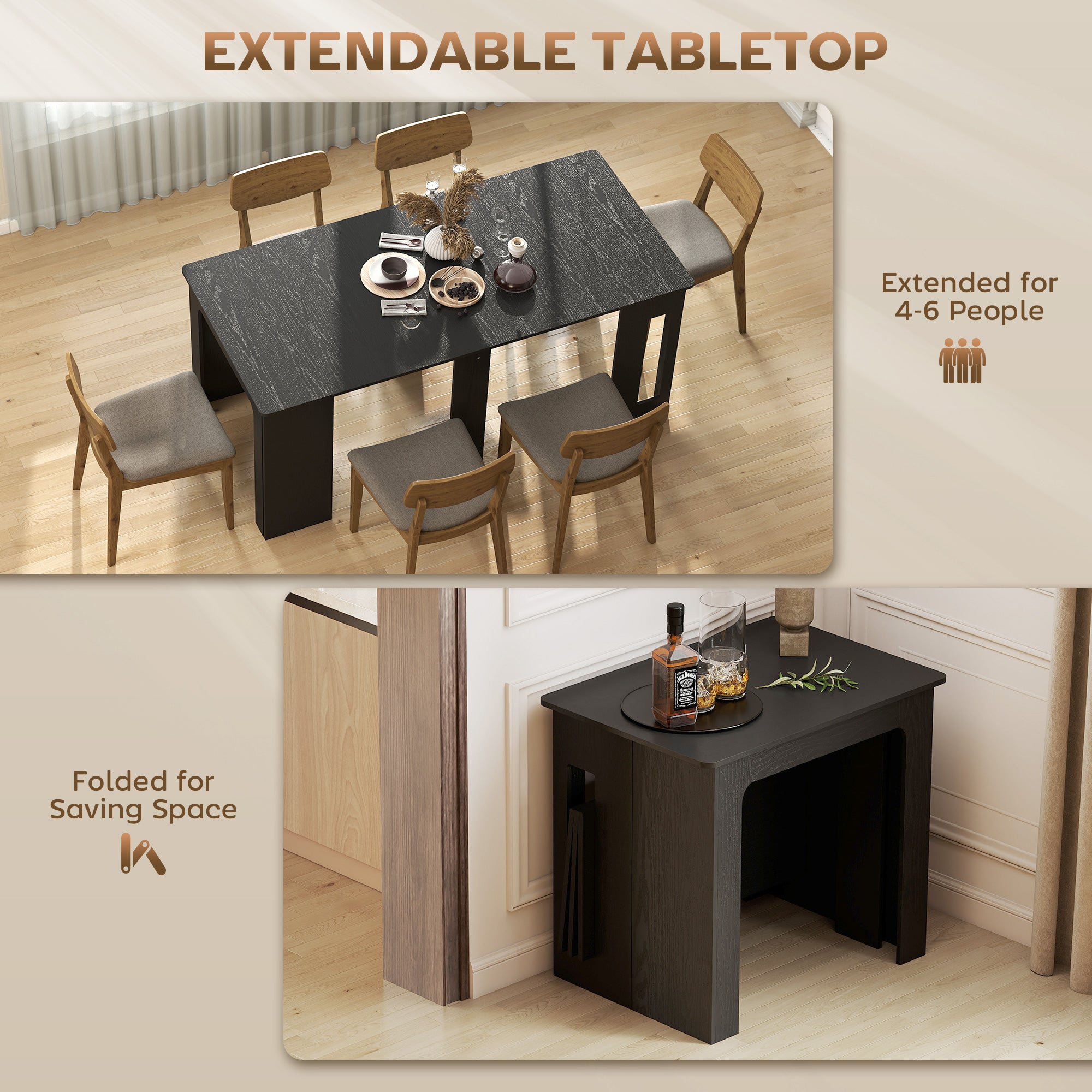 Extendable Dining Table - Distressed Black, Seats 6, Small Space-DECOROLALA