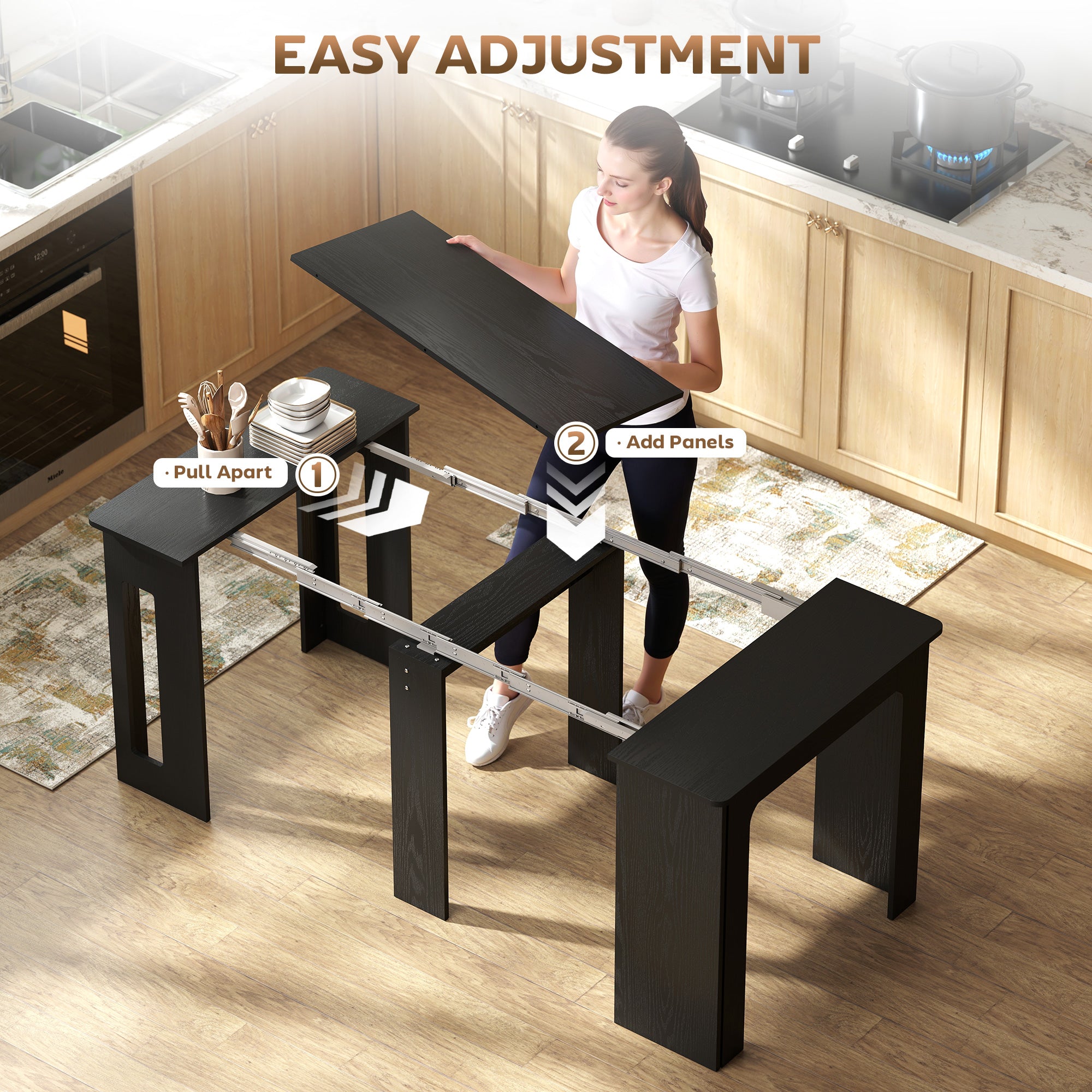 Extendable Dining Table - Distressed Black, Seats 6, Small Space-DECOROLALA