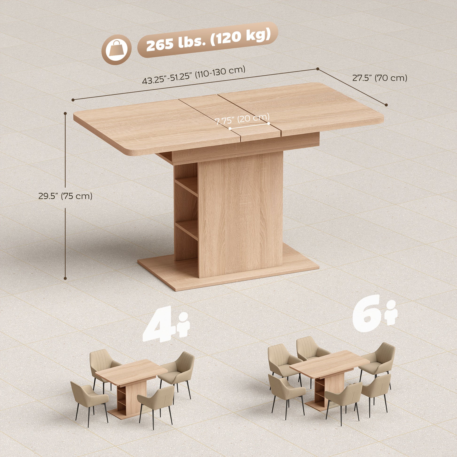 Extendable Dining Table - Natural Wood, 4-6 Seats, 6 Shelves, 43.3"-51.2" Expandable-DECOROLALA