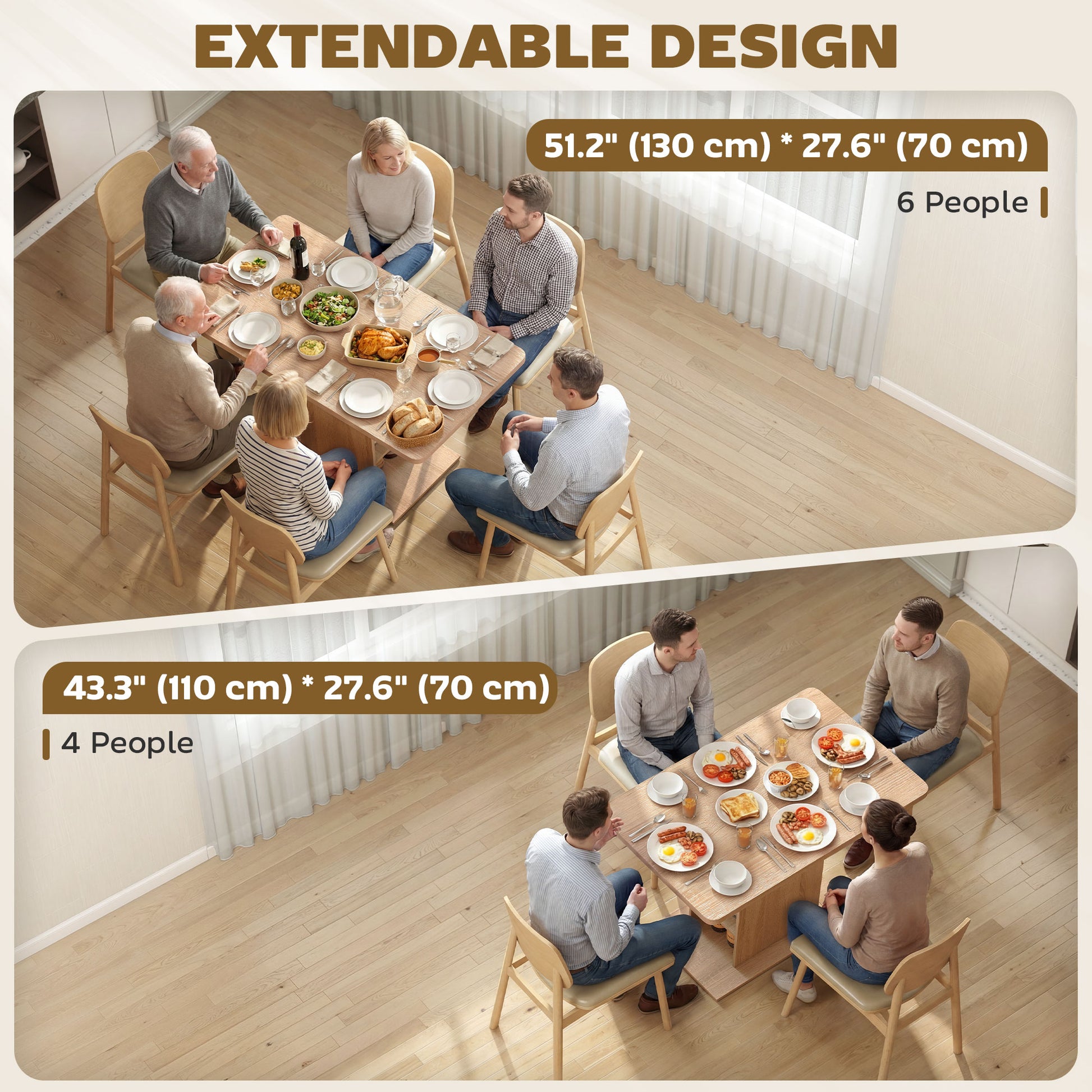 Extendable Dining Table - Natural Wood, 4-6 Seats, 6 Shelves, 43.3"-51.2" Expandable-DECOROLALA
