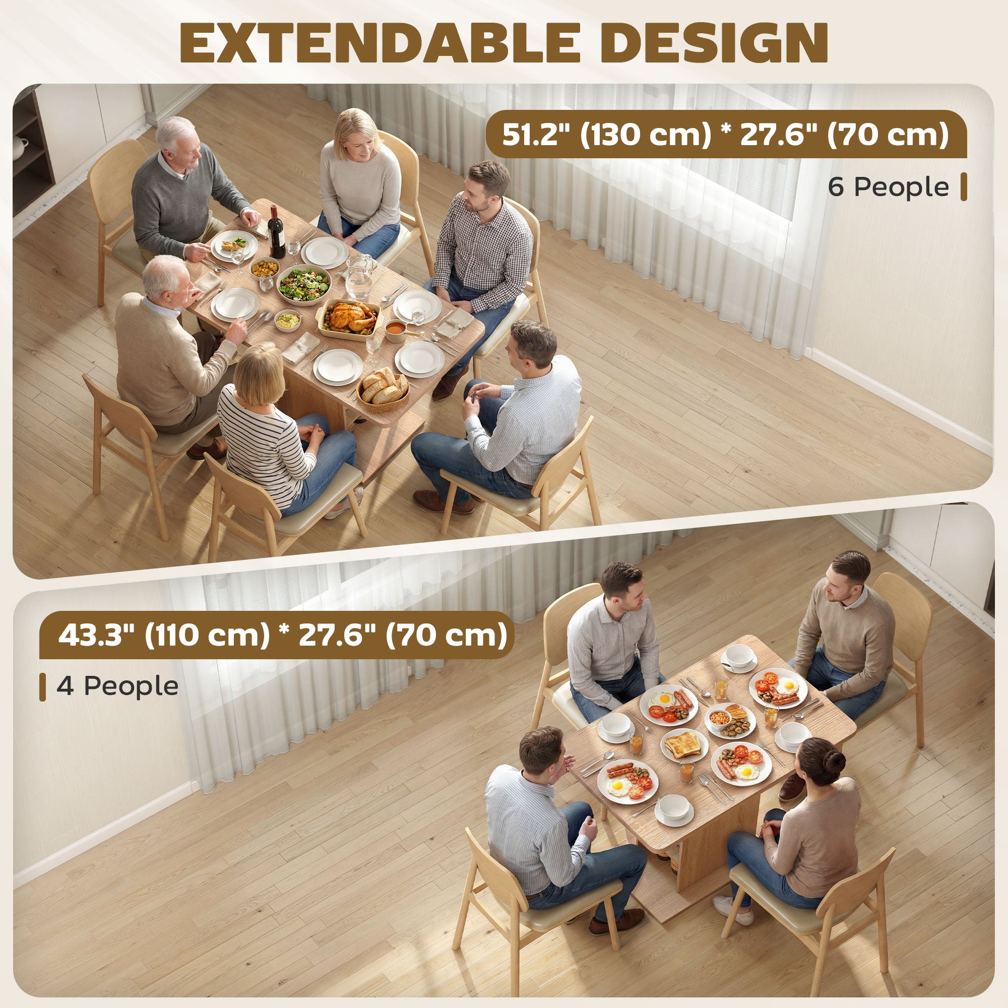 Extendable Dining Table - Natural Wood, 4-6 Seats, 6 Shelves, 43.3"-51.2" Expandable-DECOROLALA