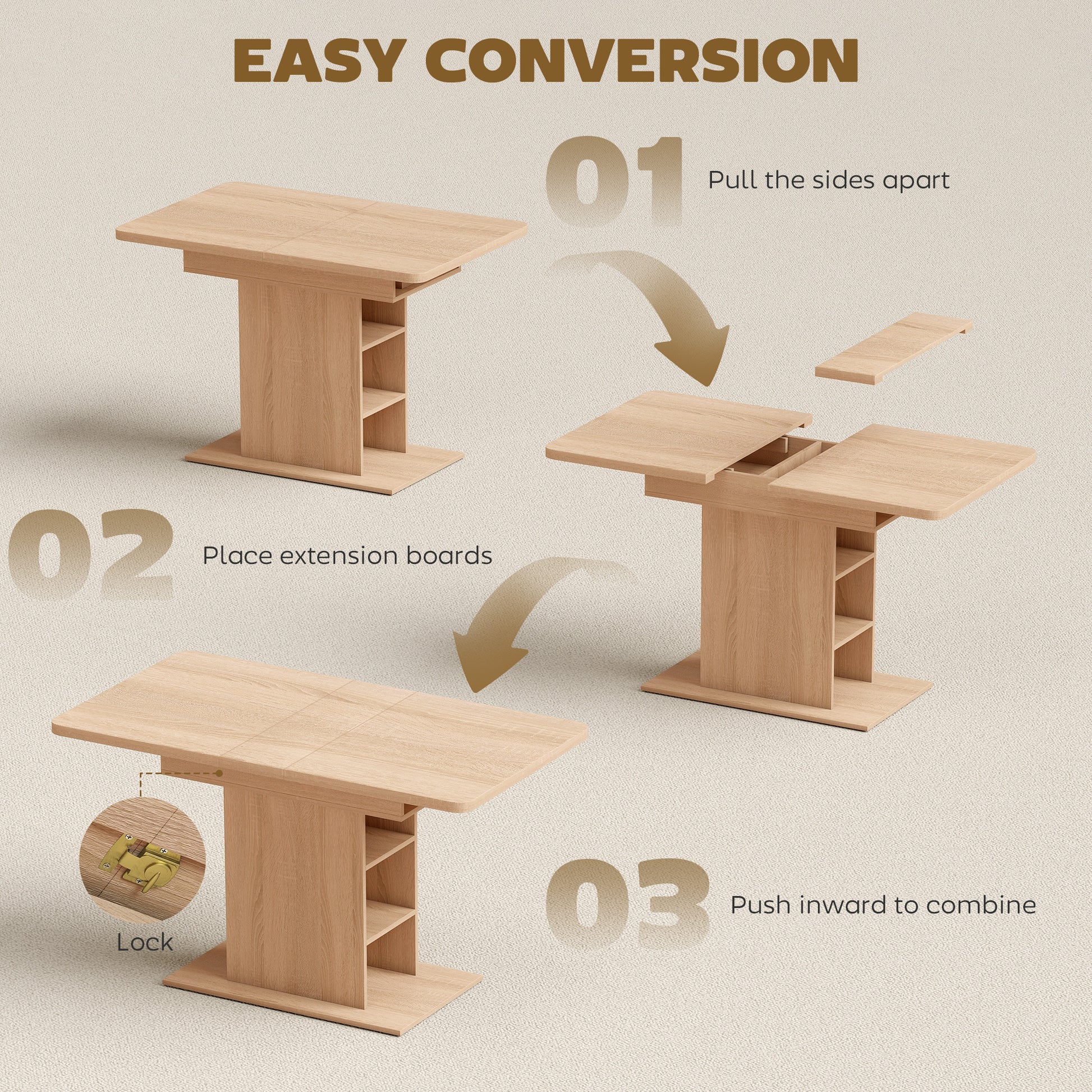 Extendable Dining Table - Natural Wood, 4-6 Seats, 6 Shelves, 43.3"-51.2" Expandable-DECOROLALA