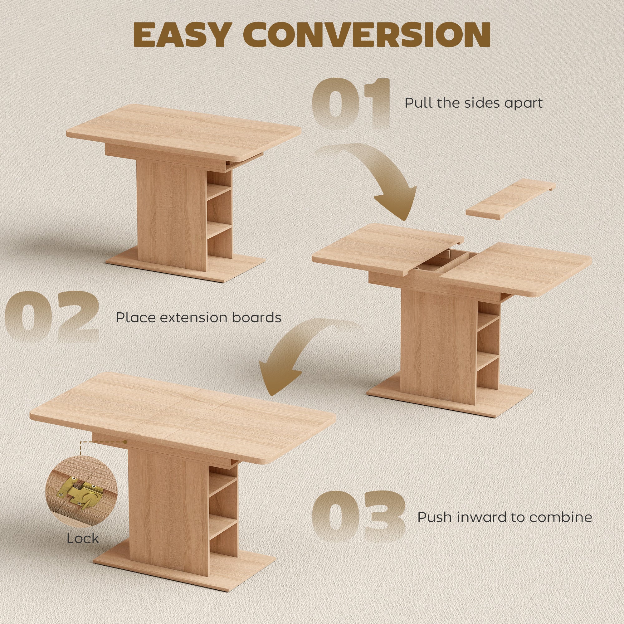 Extendable Dining Table - Natural Wood, 4-6 Seats, 6 Shelves, 43.3"-51.2" Expandable-DECOROLALA