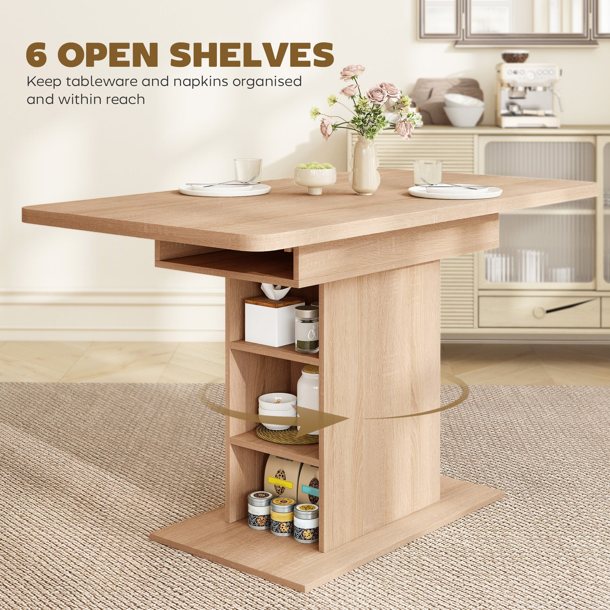 Extendable Dining Table - Natural Wood, 4-6 Seats, 6 Shelves, 43.3"-51.2" Expandable-DECOROLALA