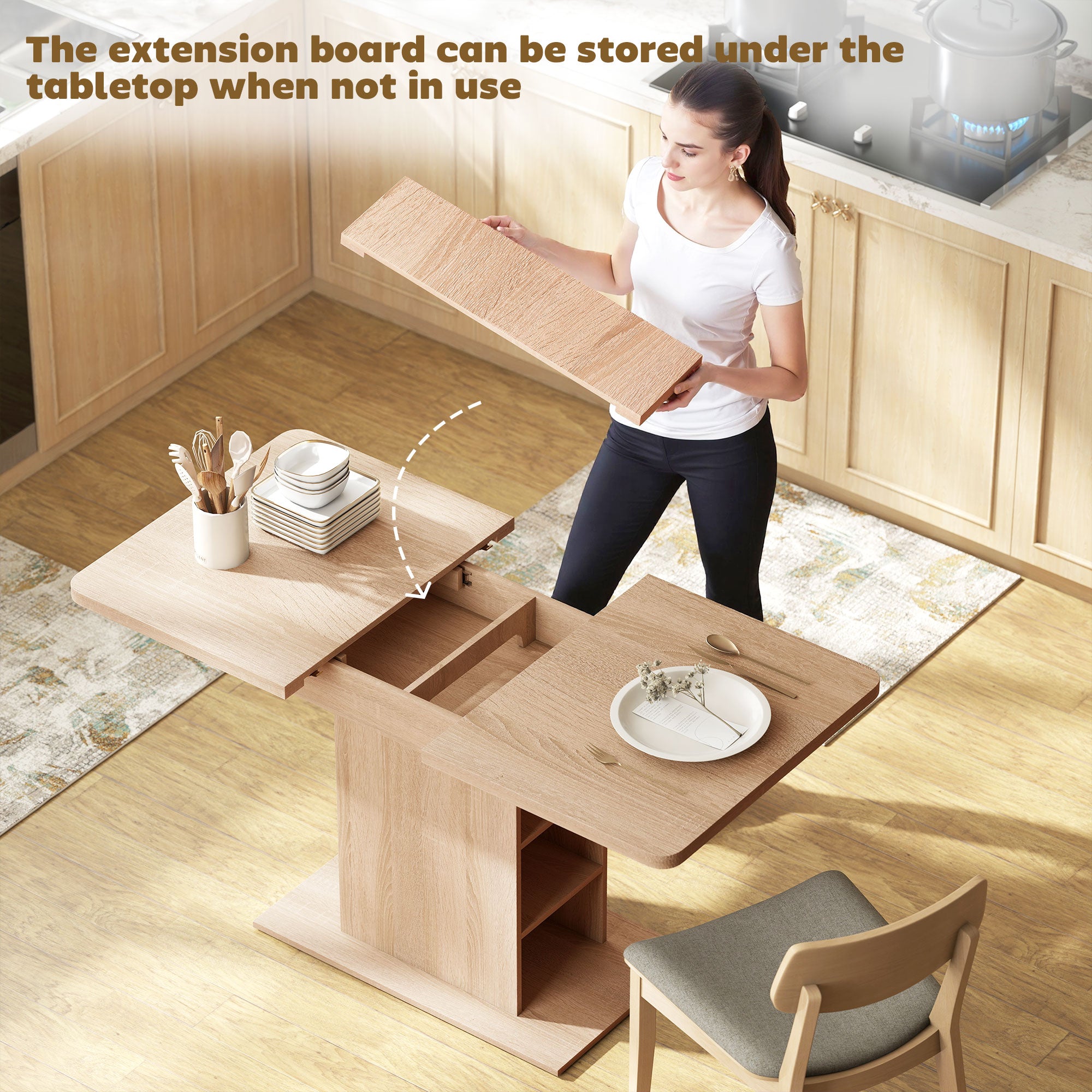 Extendable Dining Table - Natural Wood, 4-6 Seats, 6 Shelves, 43.3"-51.2" Expandable-DECOROLALA