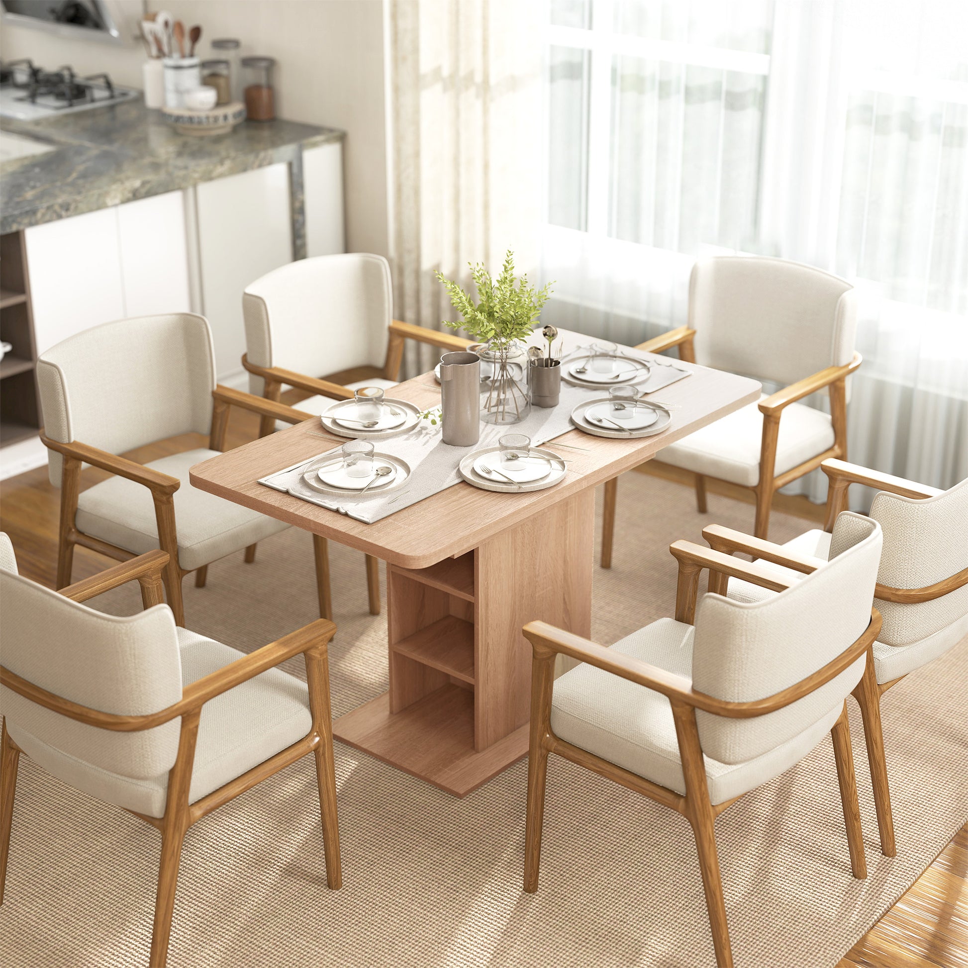Extendable Dining Table - Natural Wood, 4-6 Seats, 6 Shelves, 43.3"-51.2" Expandable-DECOROLALA