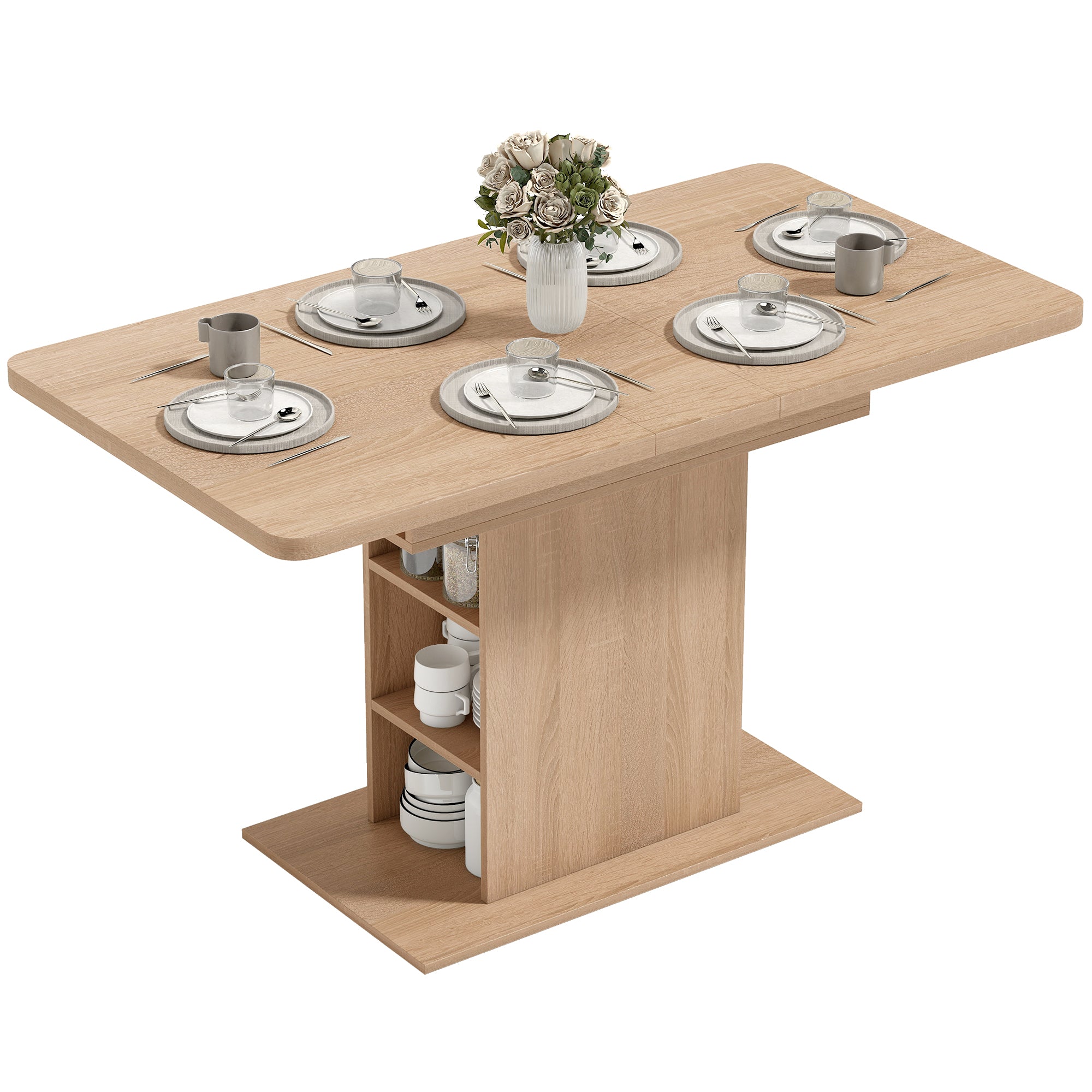 Extendable Dining Table - Natural Wood, 4-6 Seats, 6 Shelves, 43.3"-51.2" Expandable-DECOROLALA