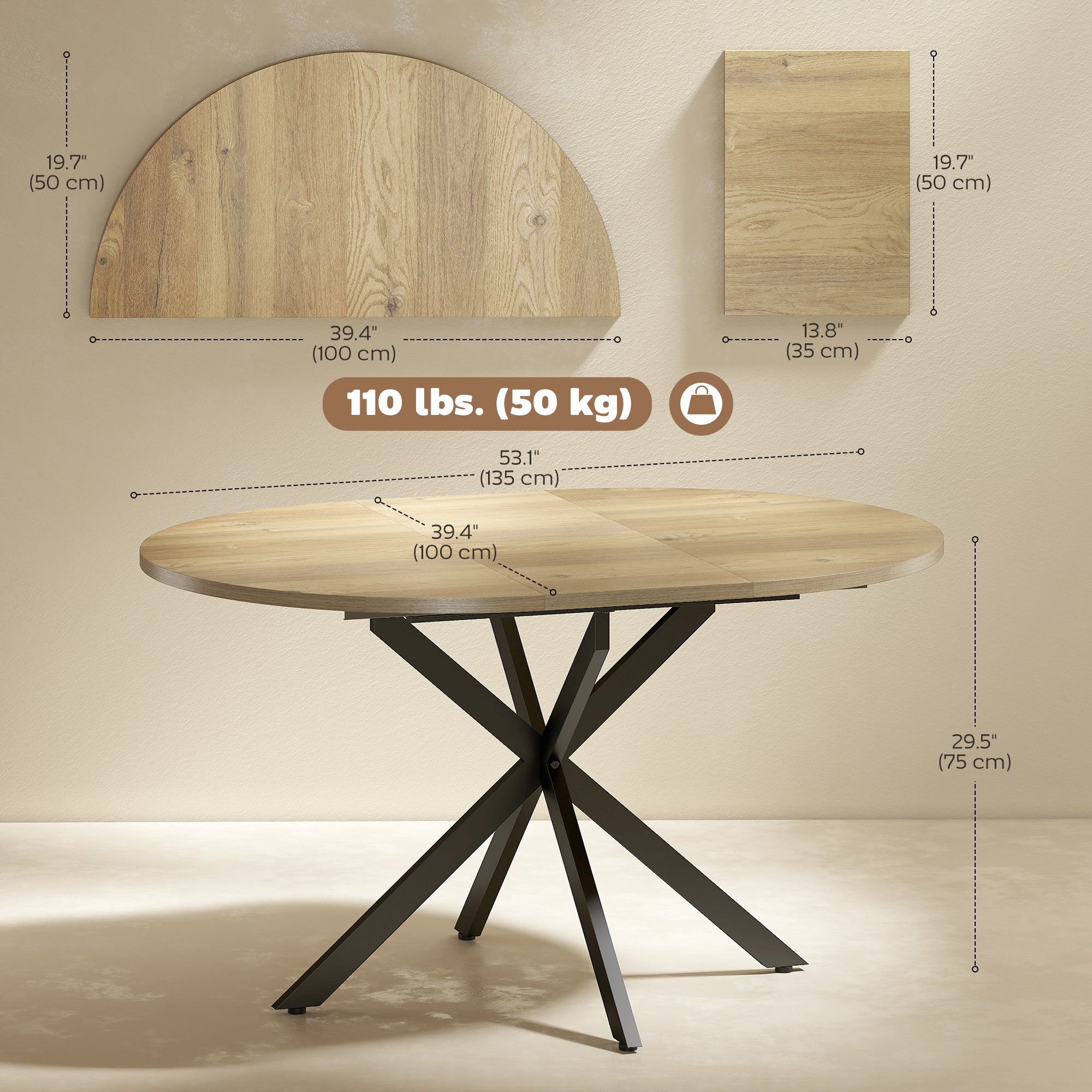 Extendable Dining Table - Natural Wood Industrial 53"-DECOROLALA