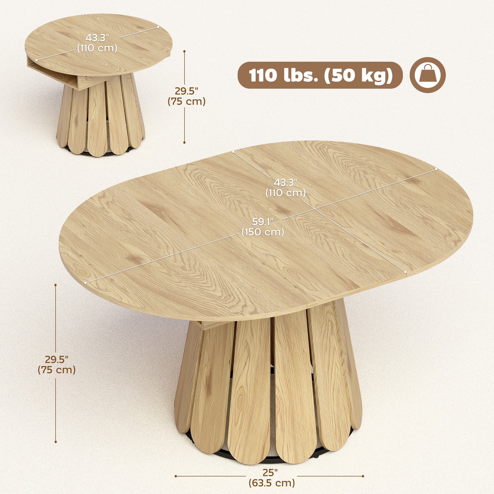 Extendable Dining Table - Round to Oval Natural Wood-DECOROLALA