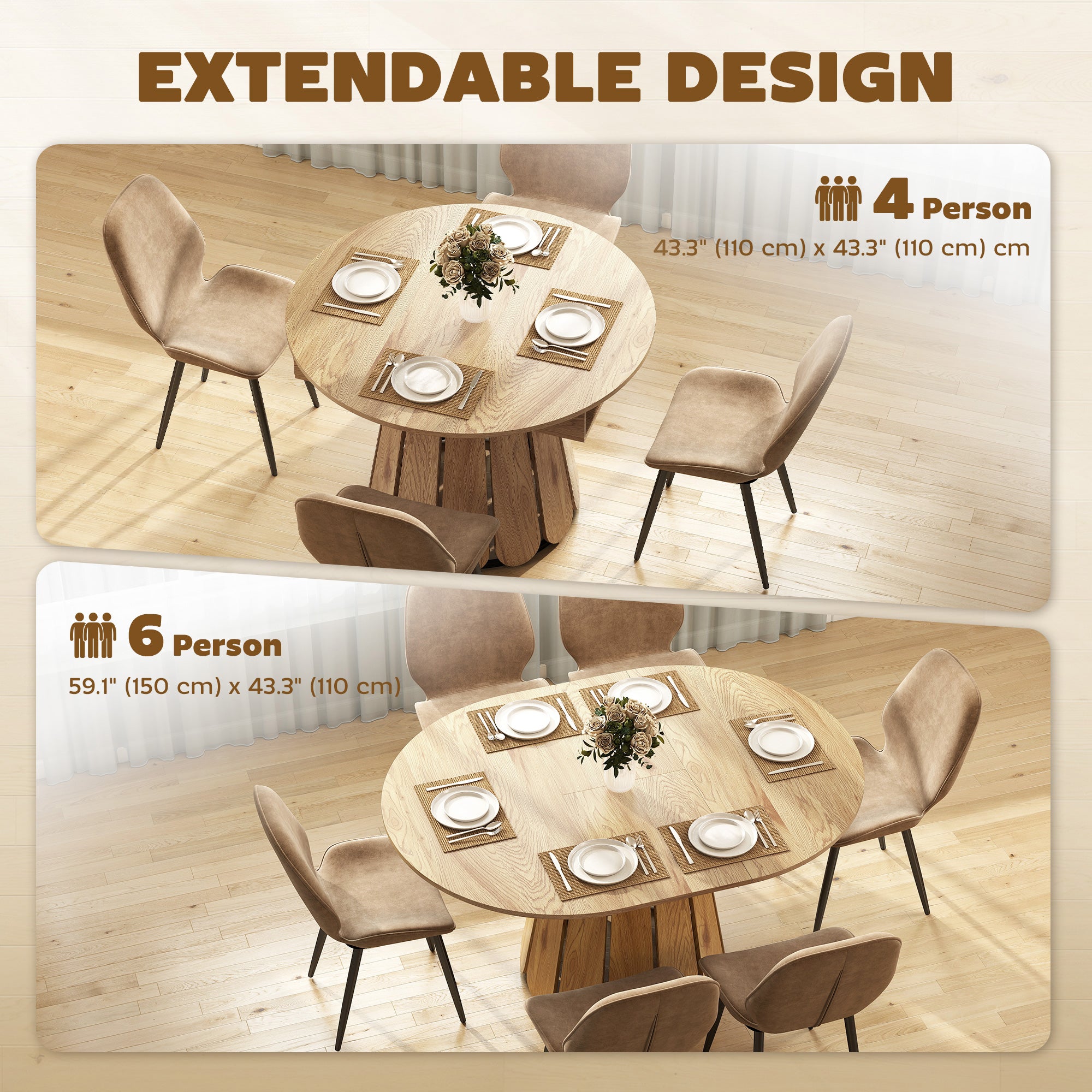 Extendable Dining Table - Round to Oval Natural Wood-DECOROLALA
