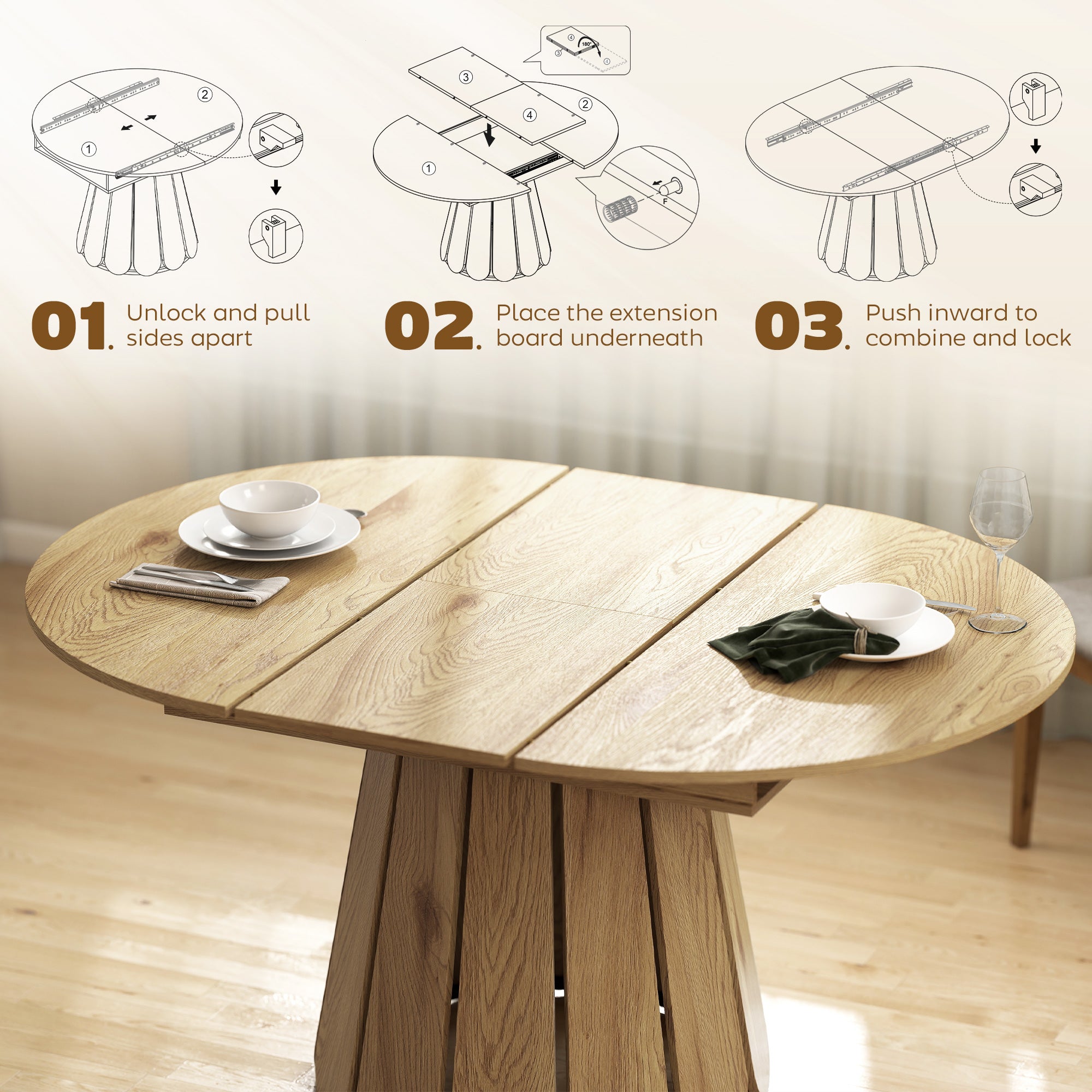 Extendable Dining Table - Round to Oval Natural Wood-DECOROLALA