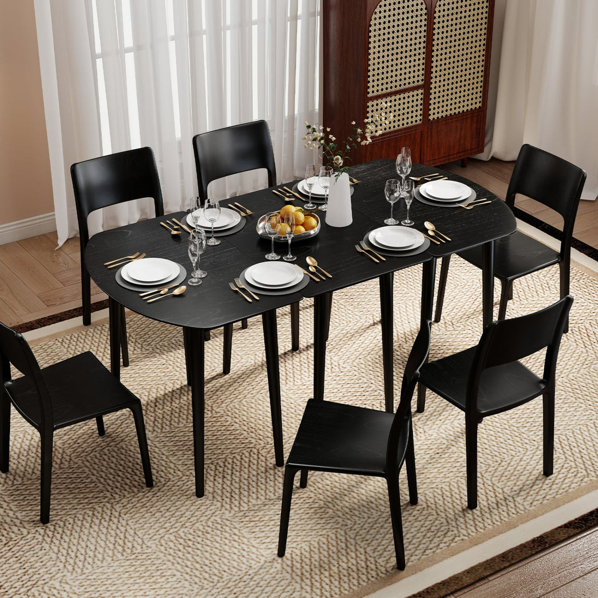 Extendable Dining Table Set with 2 Half-Round and 1 Rectangular Tables-Black-Dining Tables-DECOROLALA