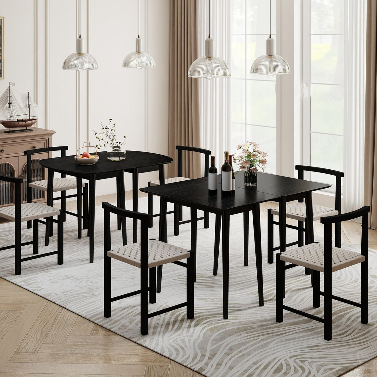 Extendable Dining Table Set with 2 Half-Round and 1 Rectangular Tables-Black-Dining Tables-DECOROLALA