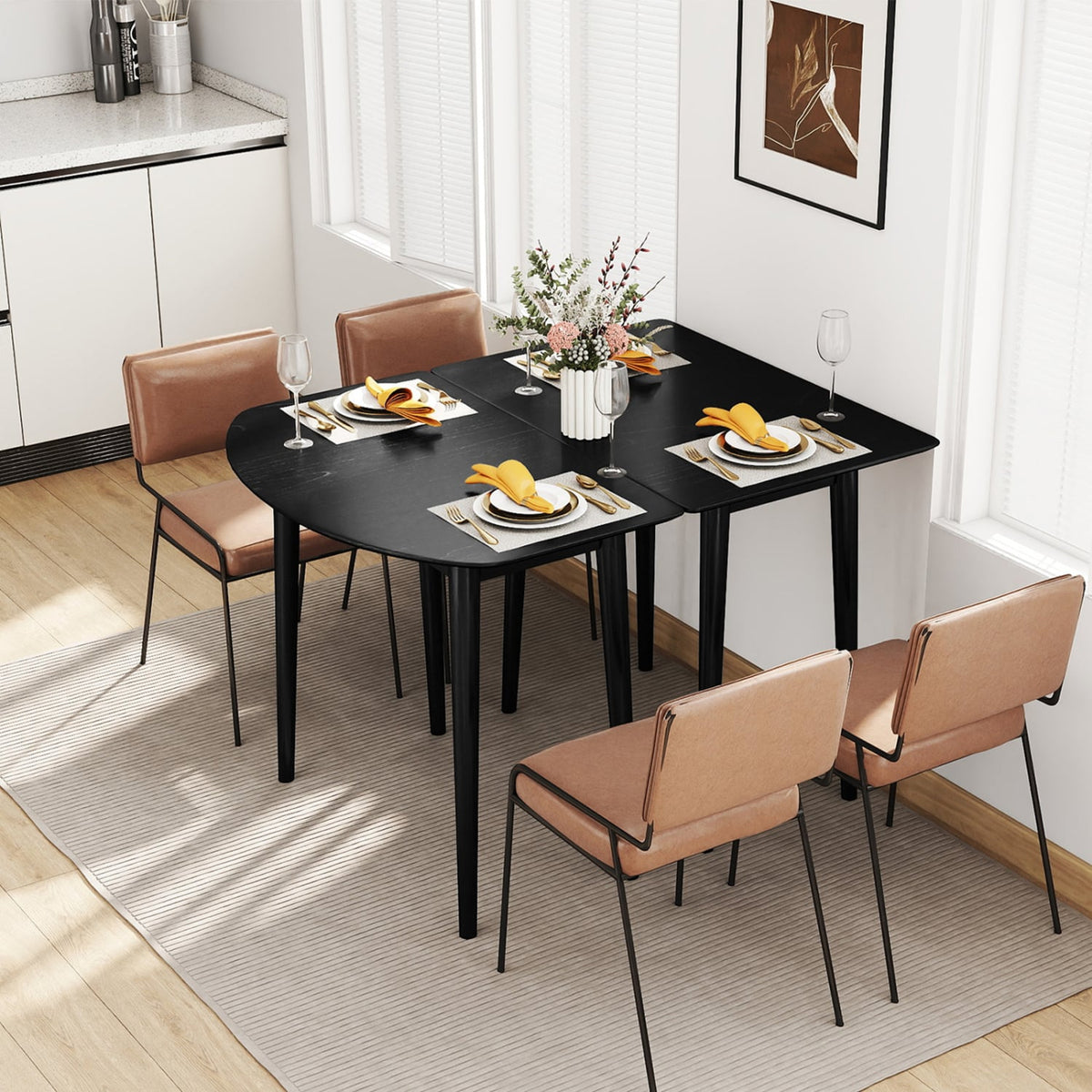 Extendable Dining Table Set with 2 Half-Round and 1 Rectangular Tables-Black-Dining Tables-DECOROLALA