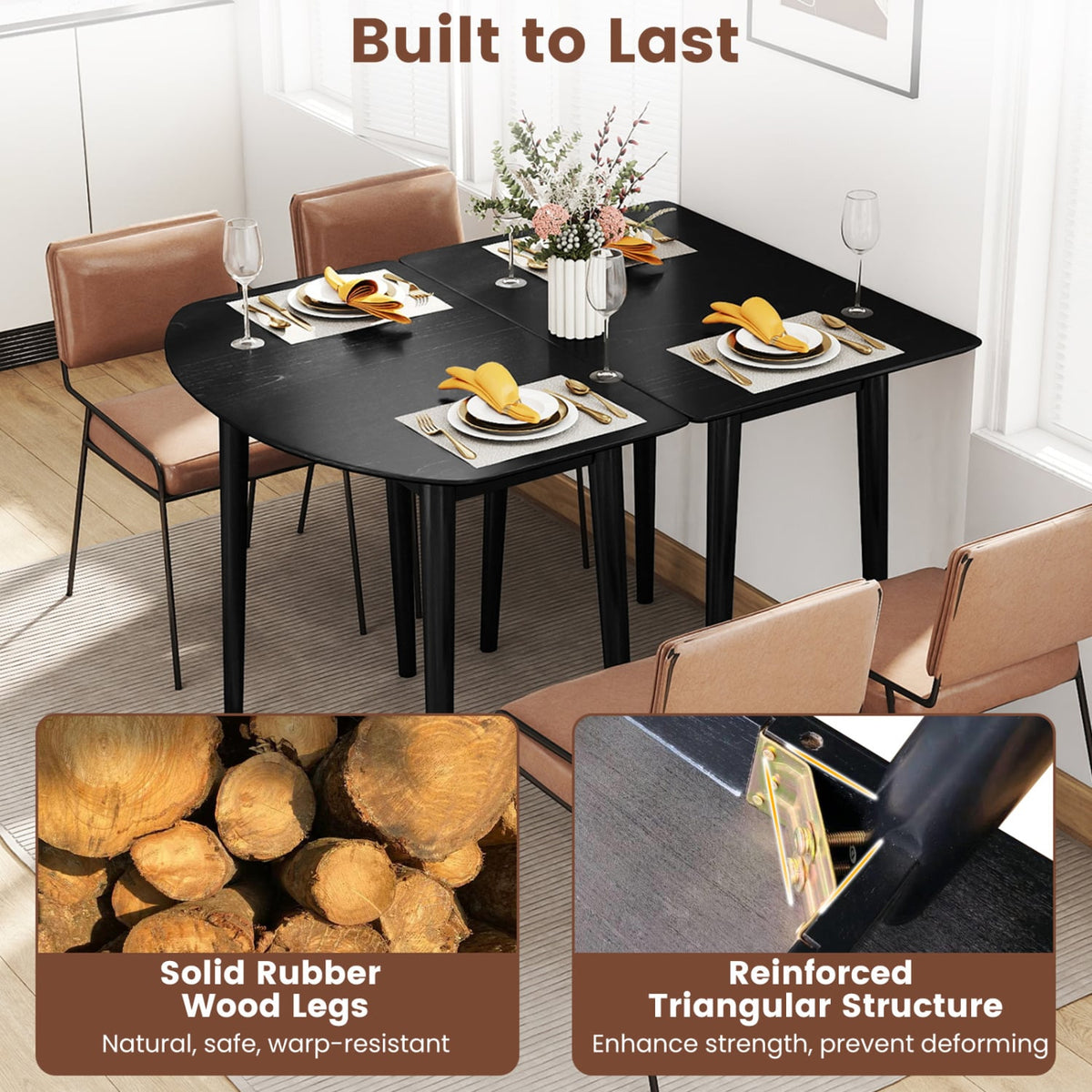 Extendable Dining Table Set with 2 Half-Round and 1 Rectangular Tables-Black-Dining Tables-DECOROLALA