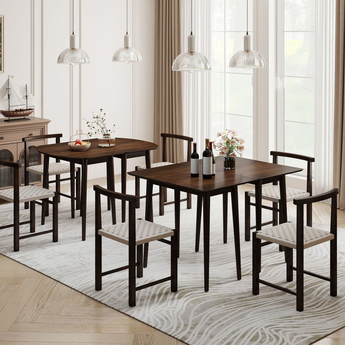 Extendable Dining Table Set with 2 Half-Round and 1 Rectangular Tables-Walnut-Dining Tables-DECOROLALA