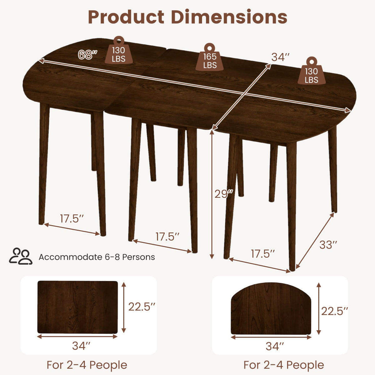Extendable Dining Table Set with 2 Half-Round and 1 Rectangular Tables-Walnut-Dining Tables-DECOROLALA