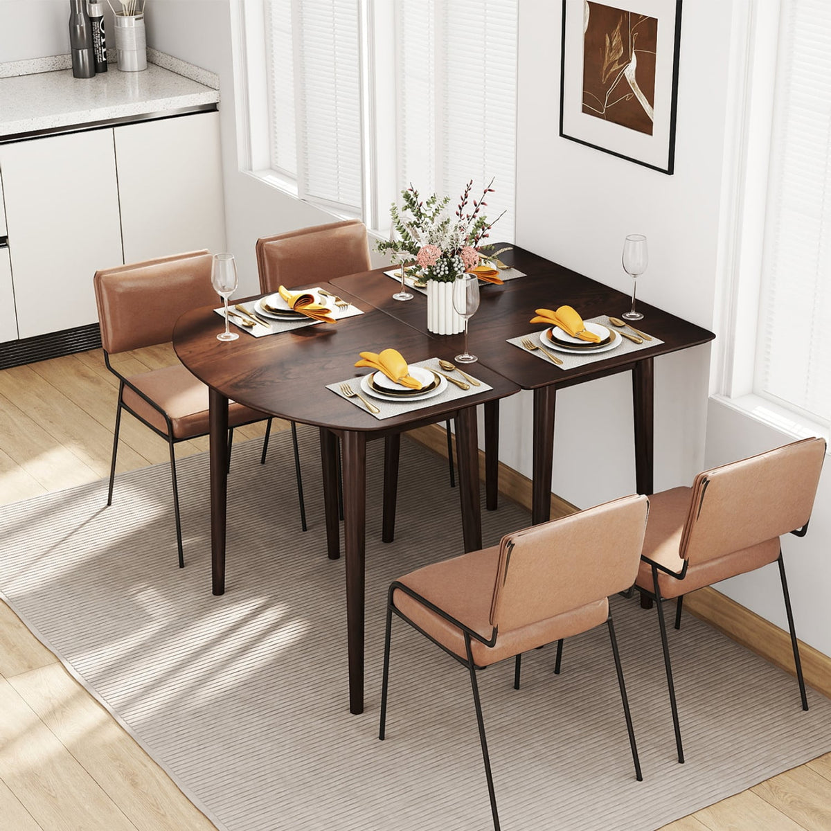 Extendable Dining Table Set with 2 Half-Round and 1 Rectangular Tables-Walnut-Dining Tables-DECOROLALA