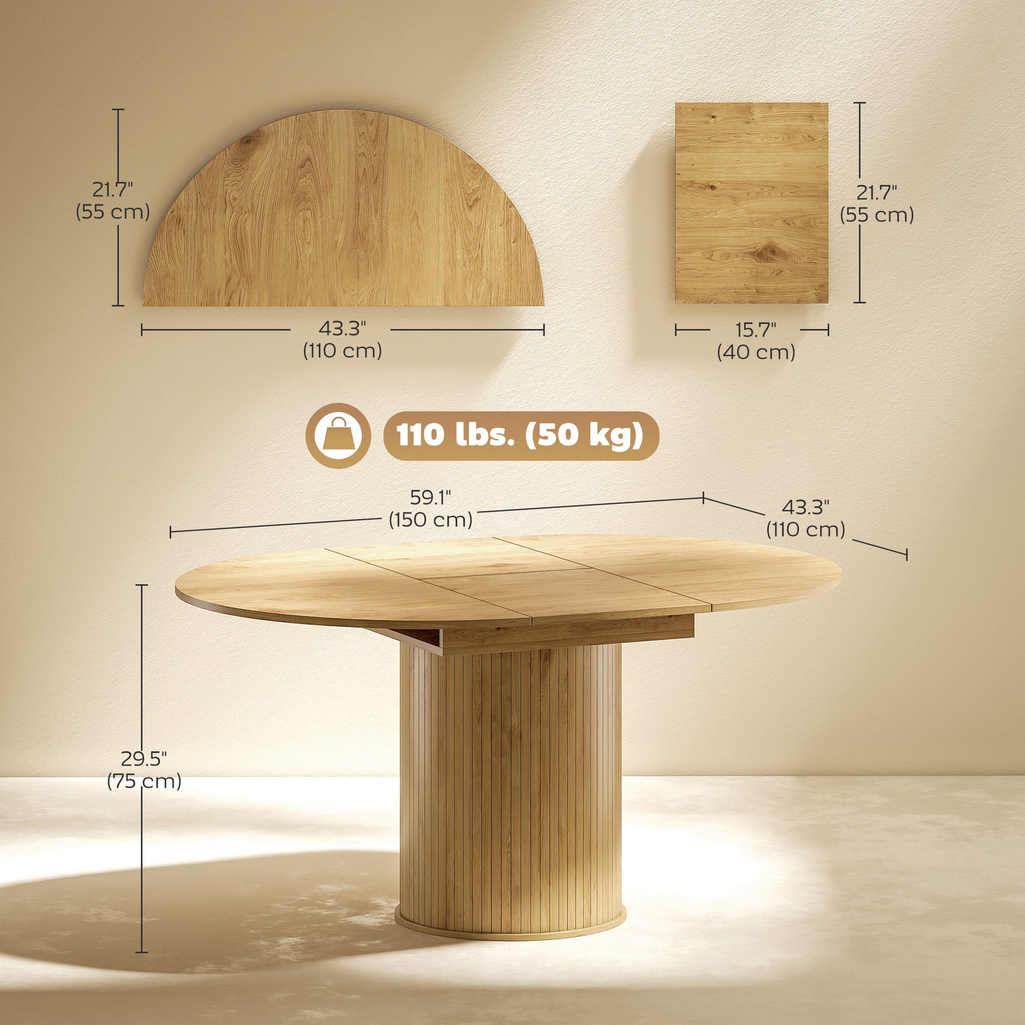 Extendable Farmhouse Dining Table - Natural Wood 43"-59"-DECOROLALA