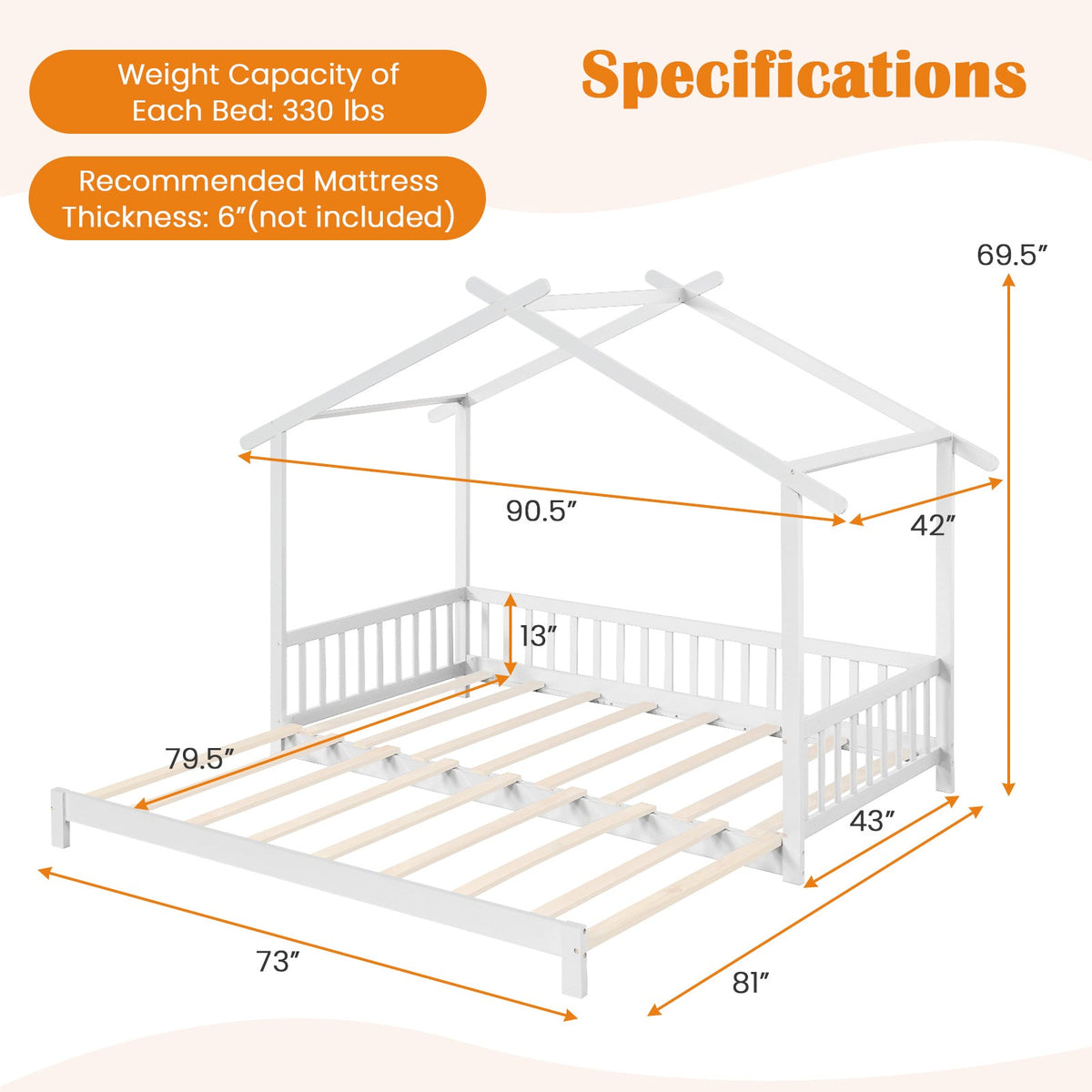 Extendable House Bed Twin to King Daybed with Roof and Fence Rails-Trundle Bed Frame-DECOROLALA
