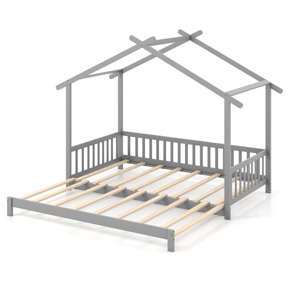 Extendable House Bed Twin to King Daybed with Roof and Fence Rails-Trundle Bed Frame-DECOROLALA