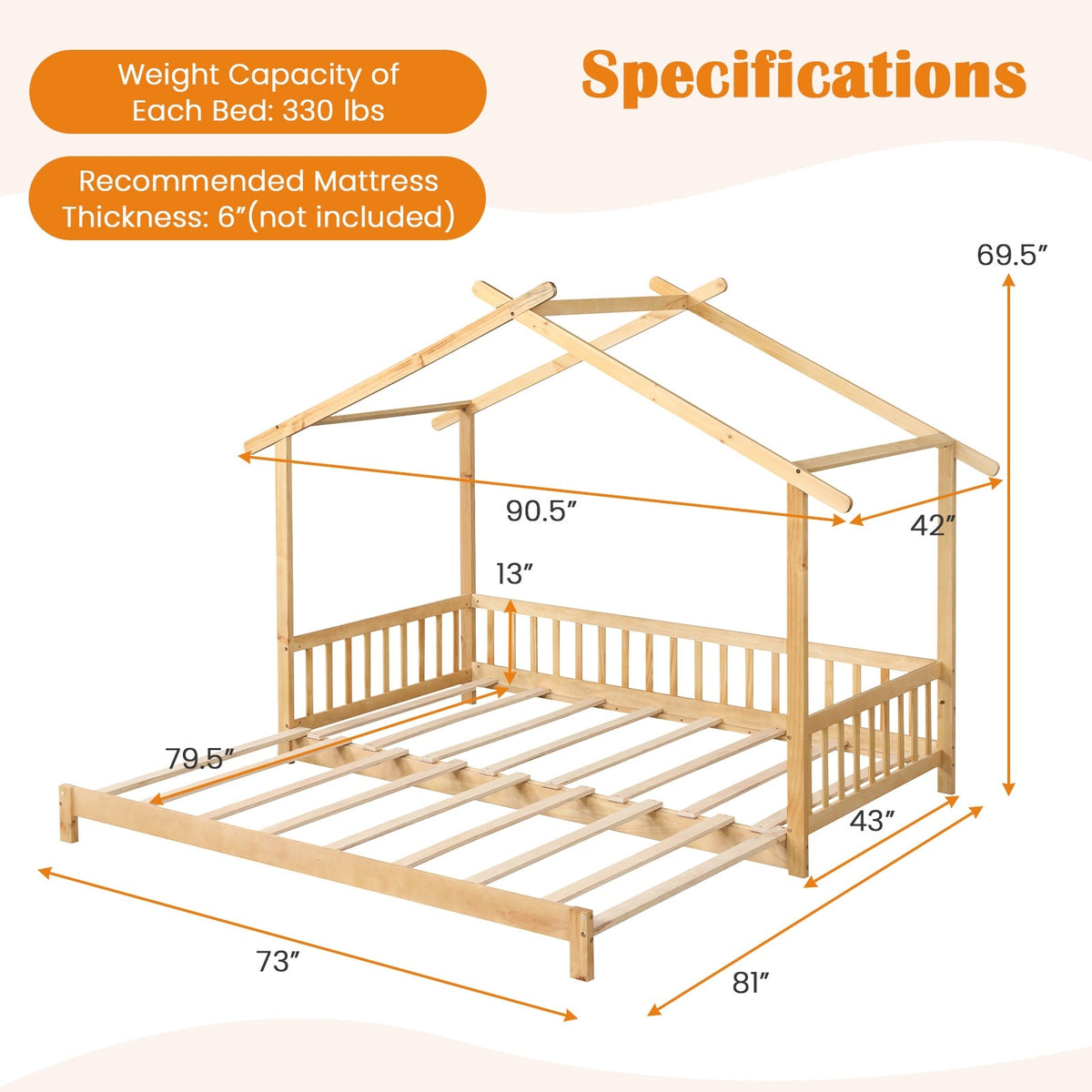 Extendable House Bed Twin to King Daybed with Roof and Fence Rails-Trundle Bed Frame-DECOROLALA