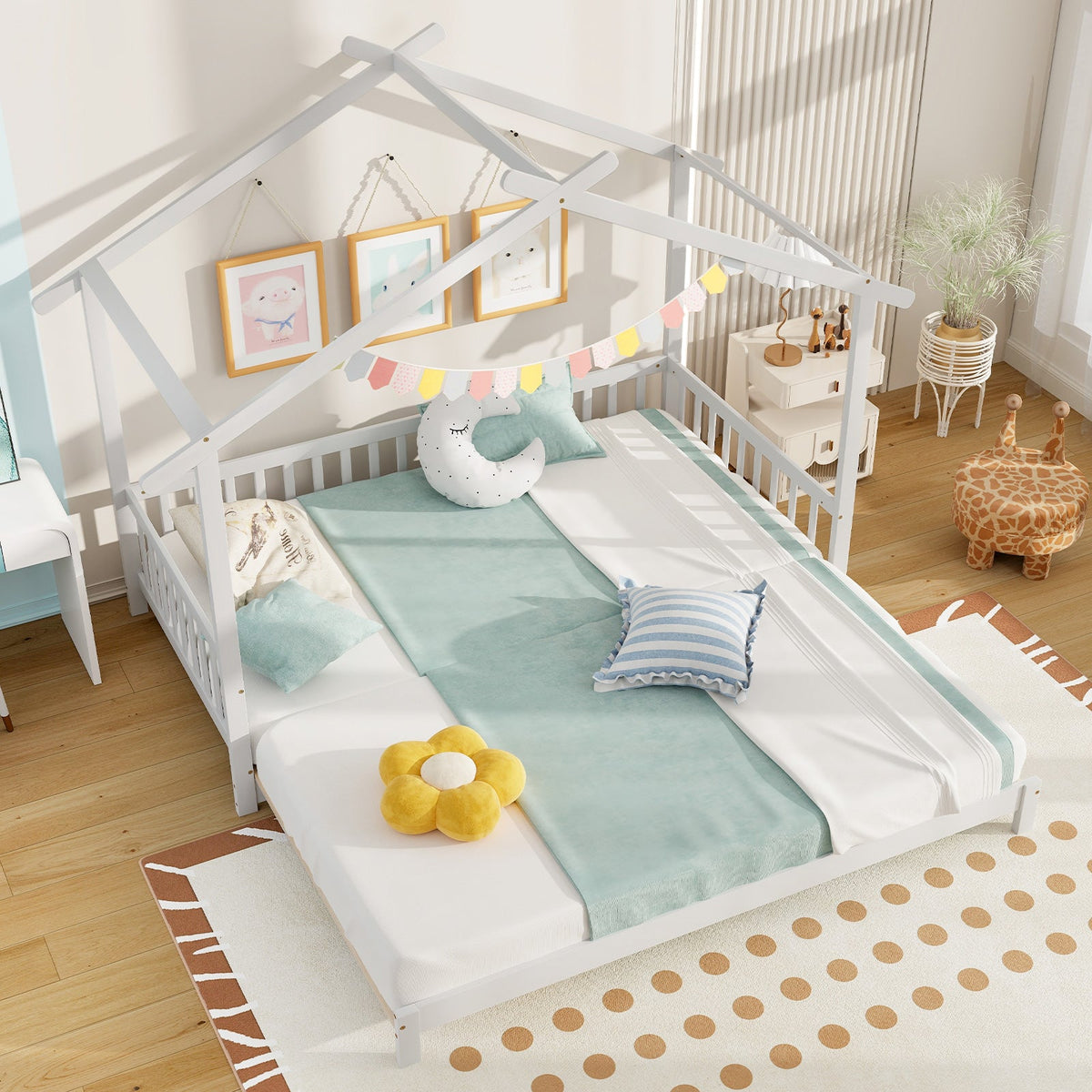 Extendable House Bed Twin to King Daybed with Roof and Fence Rails-Trundle Bed Frame-DECOROLALA