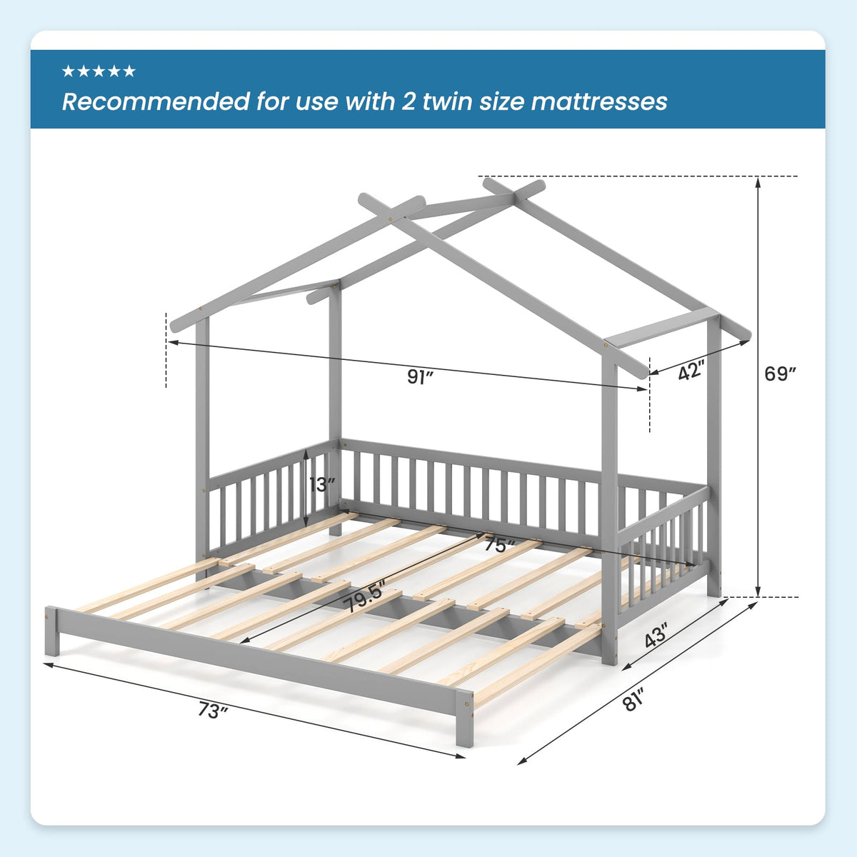 Extendable House Bed Twin to King Daybed with Roof and Fence Rails-Trundle Bed Frame-DECOROLALA