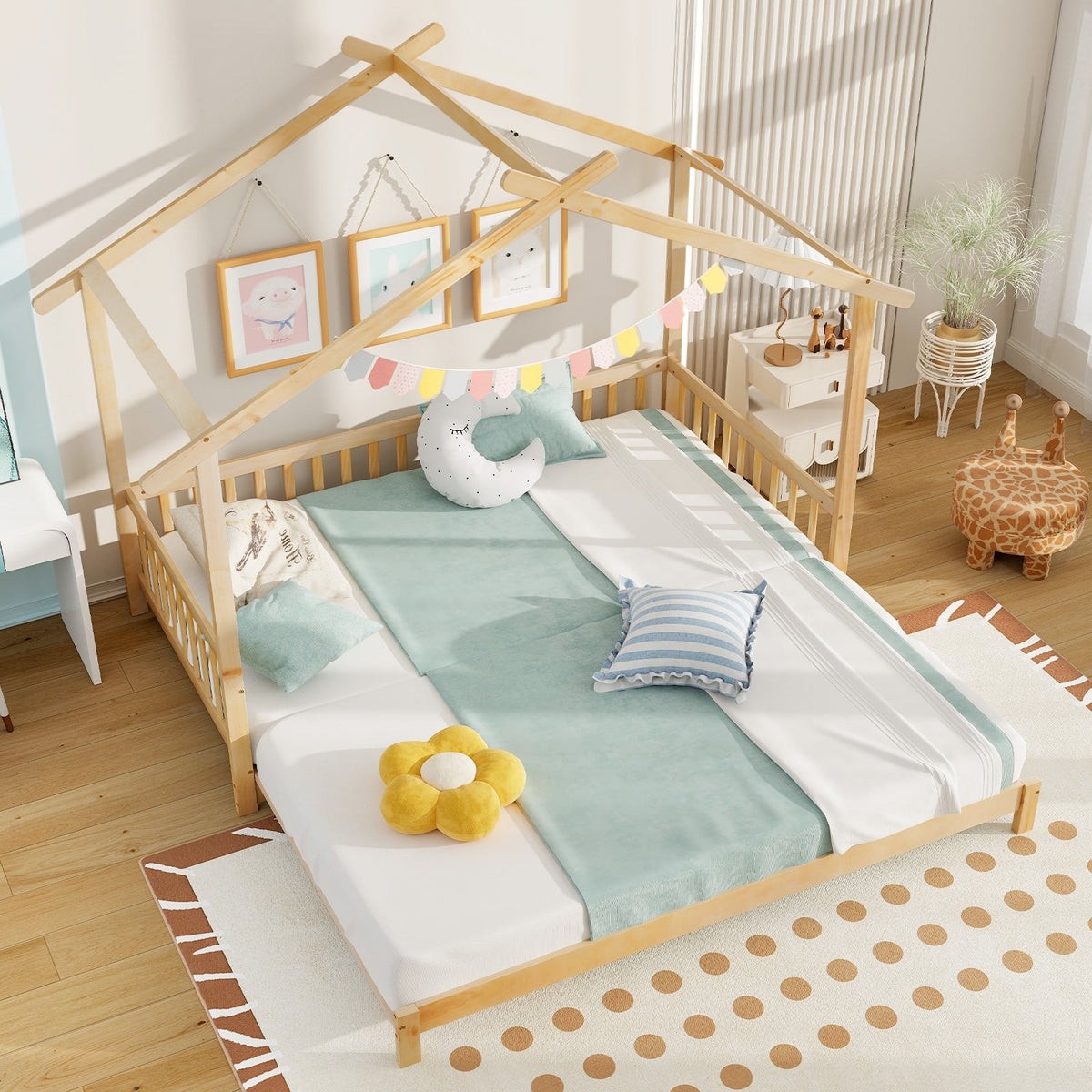 Extendable House Bed Twin to King Daybed with Roof and Fence Rails-Trundle Bed Frame-DECOROLALA