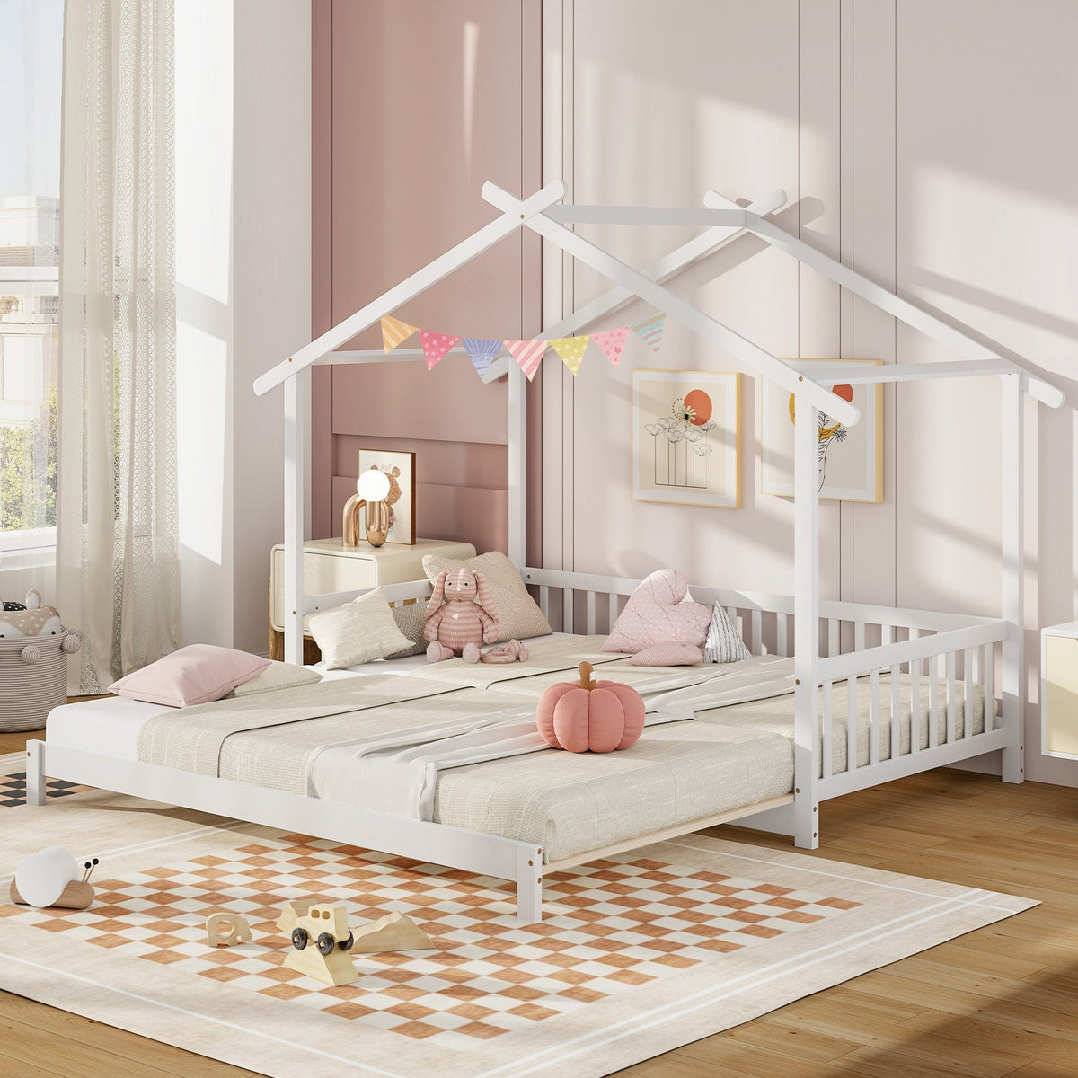 Extendable House Bed Twin to King Daybed with Roof and Fence Rails-Trundle Bed Frame-DECOROLALA