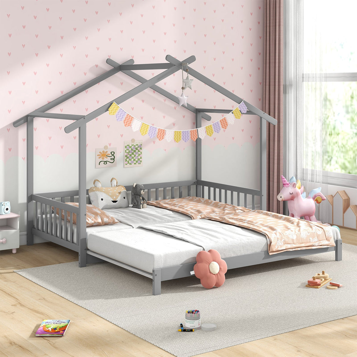 Extendable House Bed Twin to King Daybed with Roof and Fence Rails-Trundle Bed Frame-DECOROLALA