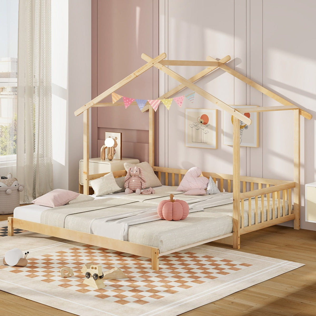 Extendable House Bed Twin to King Daybed with Roof and Fence Rails-Trundle Bed Frame-DECOROLALA