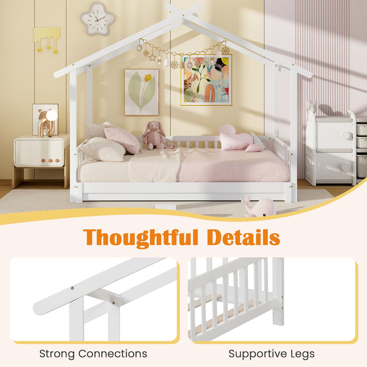 Extendable House Bed Twin to King Daybed with Roof and Fence Rails-Trundle Bed Frame-DECOROLALA