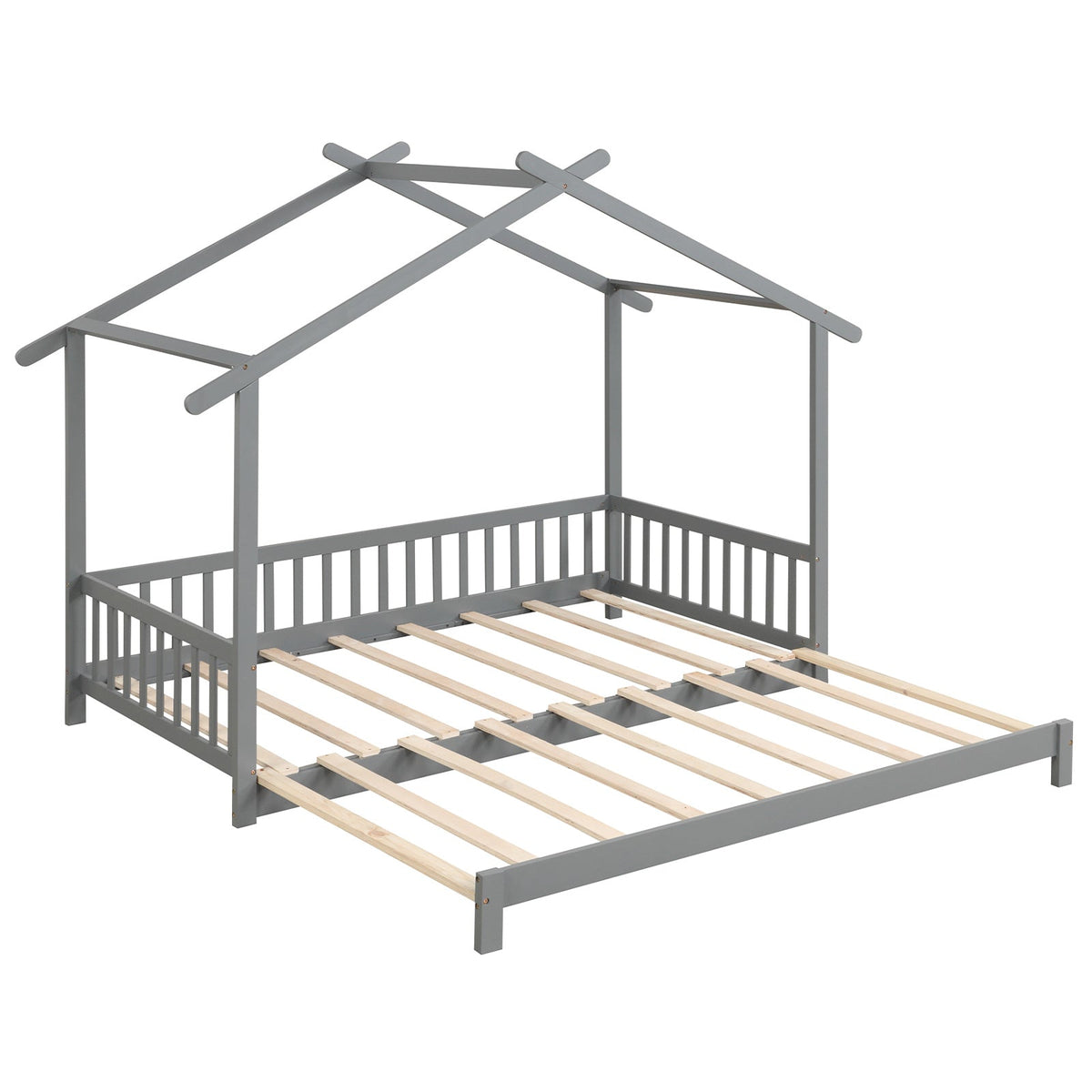 Extendable House Bed Twin to King Daybed with Roof and Fence Rails-Trundle Bed Frame-DECOROLALA