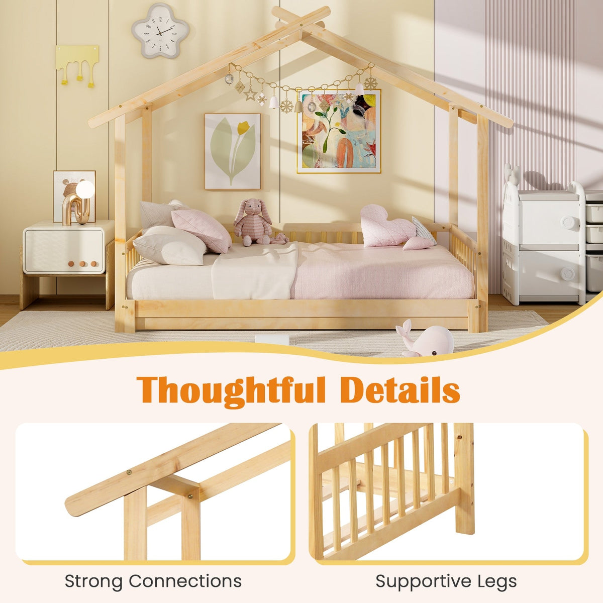 Extendable House Bed Twin to King Daybed with Roof and Fence Rails-Trundle Bed Frame-DECOROLALA