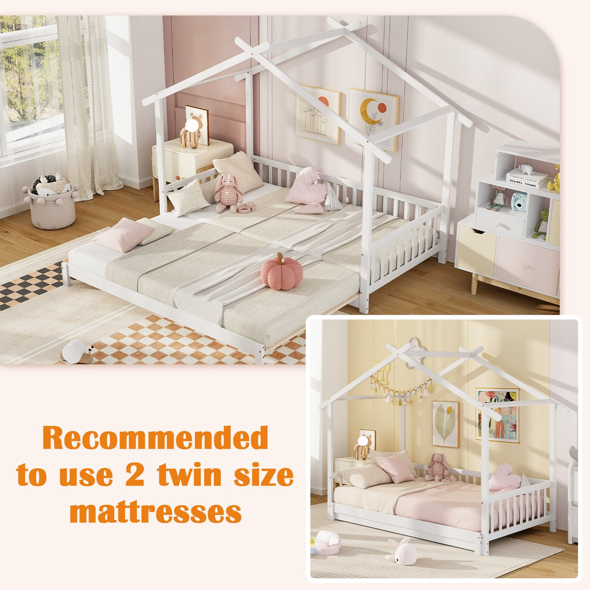 Extendable House Bed Twin to King Daybed with Roof and Fence Rails-Trundle Bed Frame-DECOROLALA