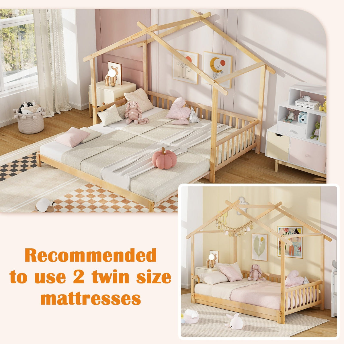 Extendable House Bed Twin to King Daybed with Roof and Fence Rails-Trundle Bed Frame-DECOROLALA